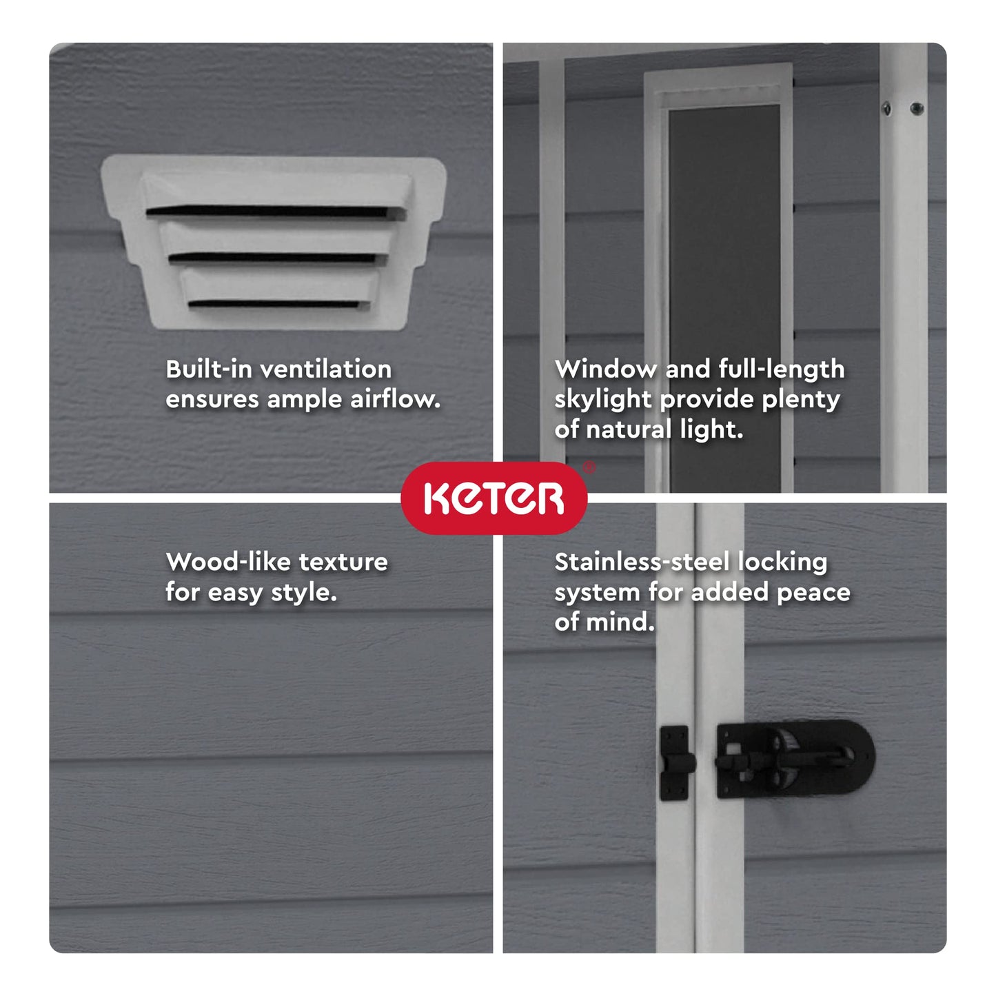 Keter Manor Kit d'abri de rangement extérieur en résine 6 x 8 - Parfait pour ranger les meubles de terrasse, les outils de jardin, les accessoires de vélo, les chaises de plage et la tondeuse à gazon, gris et blanc