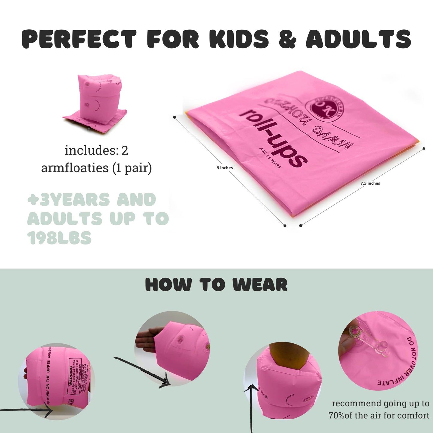 Arm Swim Floaties for Kids 5-7 - Inflatable Kids Arm Floaties for Pool - Wing Arm Band Swimmies - Perfect for Learning How to Swim for Kid and Adult (Yellow) Pink