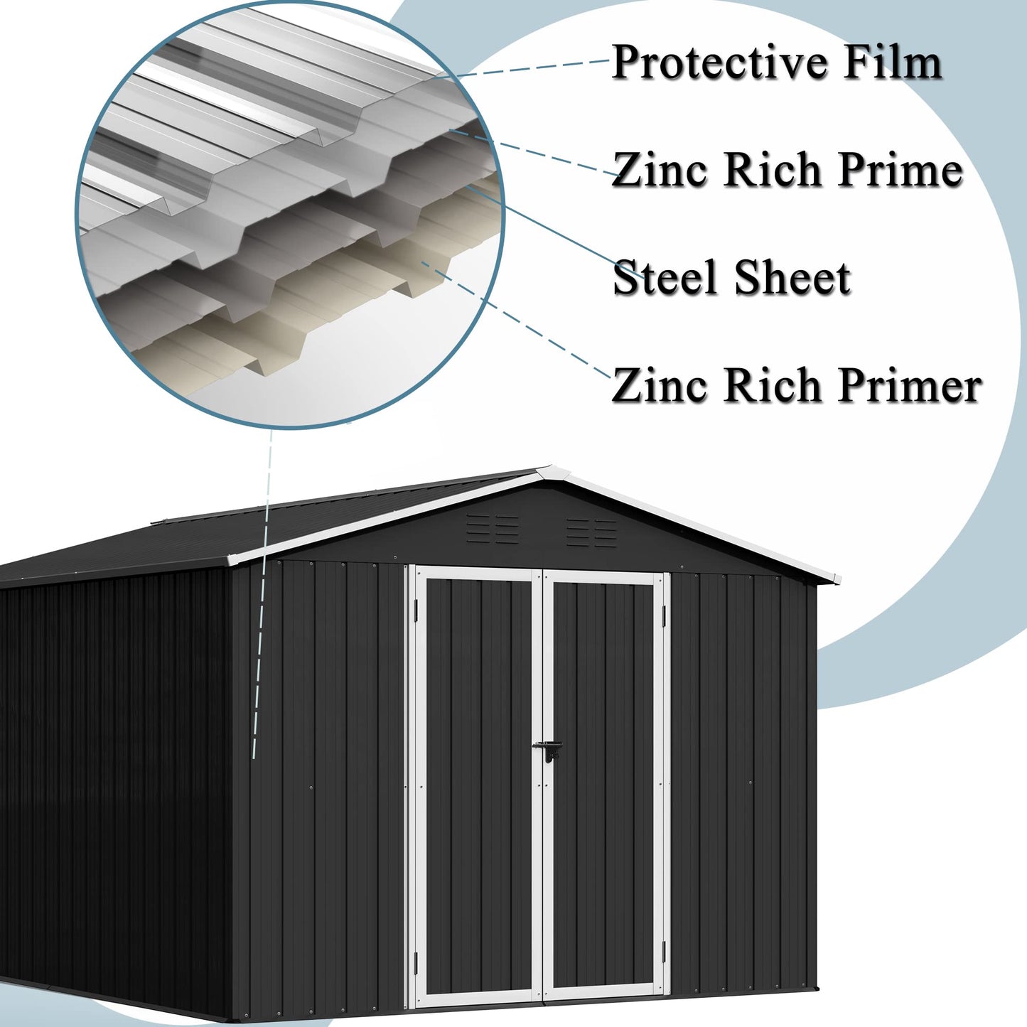 Abri de rangement extérieur de 8 x 10 pieds, remise à outils utilitaire en acier et métal avec doubles portes verrouillables et grille d'aération pour jardin, patio, pelouse (noir) Noir