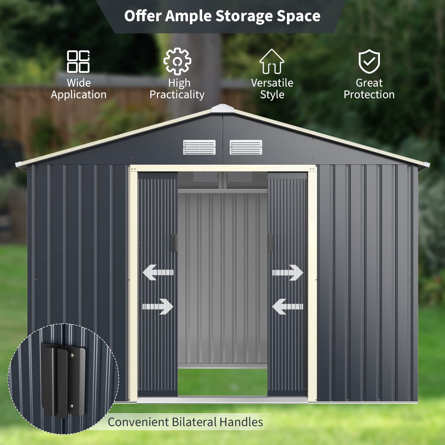 Goplus Storage Shed, Metal 9’ X 6’ Outdoor Building Organizer with 4 Vents & Double Sliding Door for Garden Backyard Farm (9'X6') 9'X6'