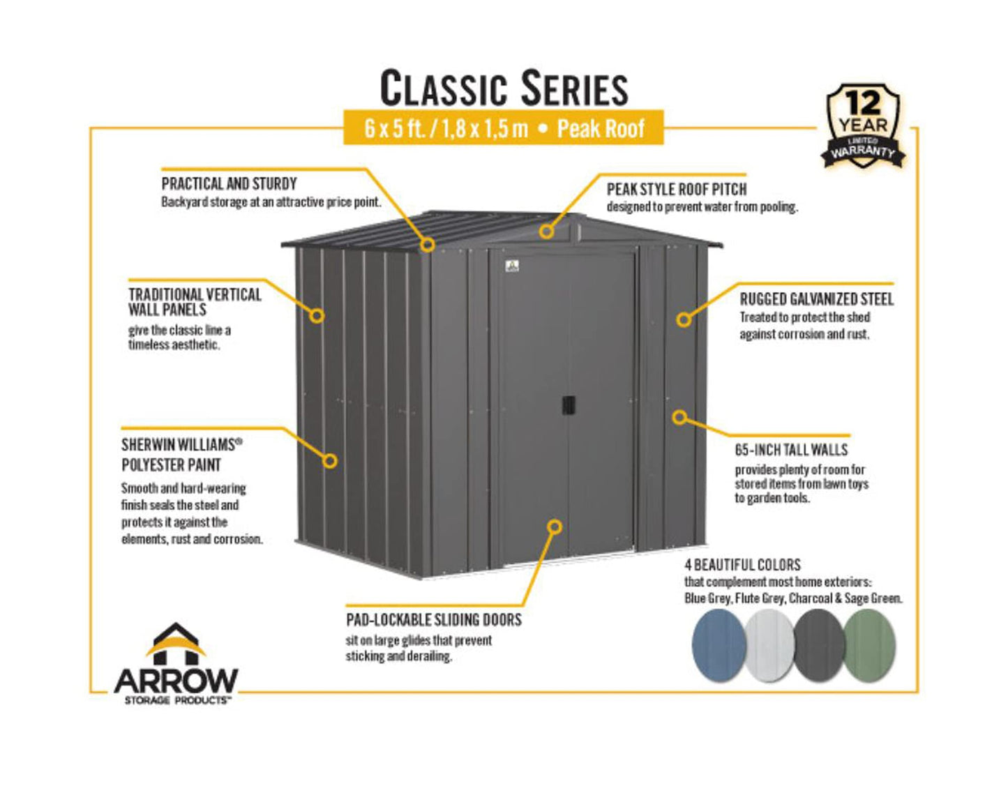 Arrow Shed Classic 6' x 5' Hangar de rangement extérieur cadenassable en acier, gris flûte