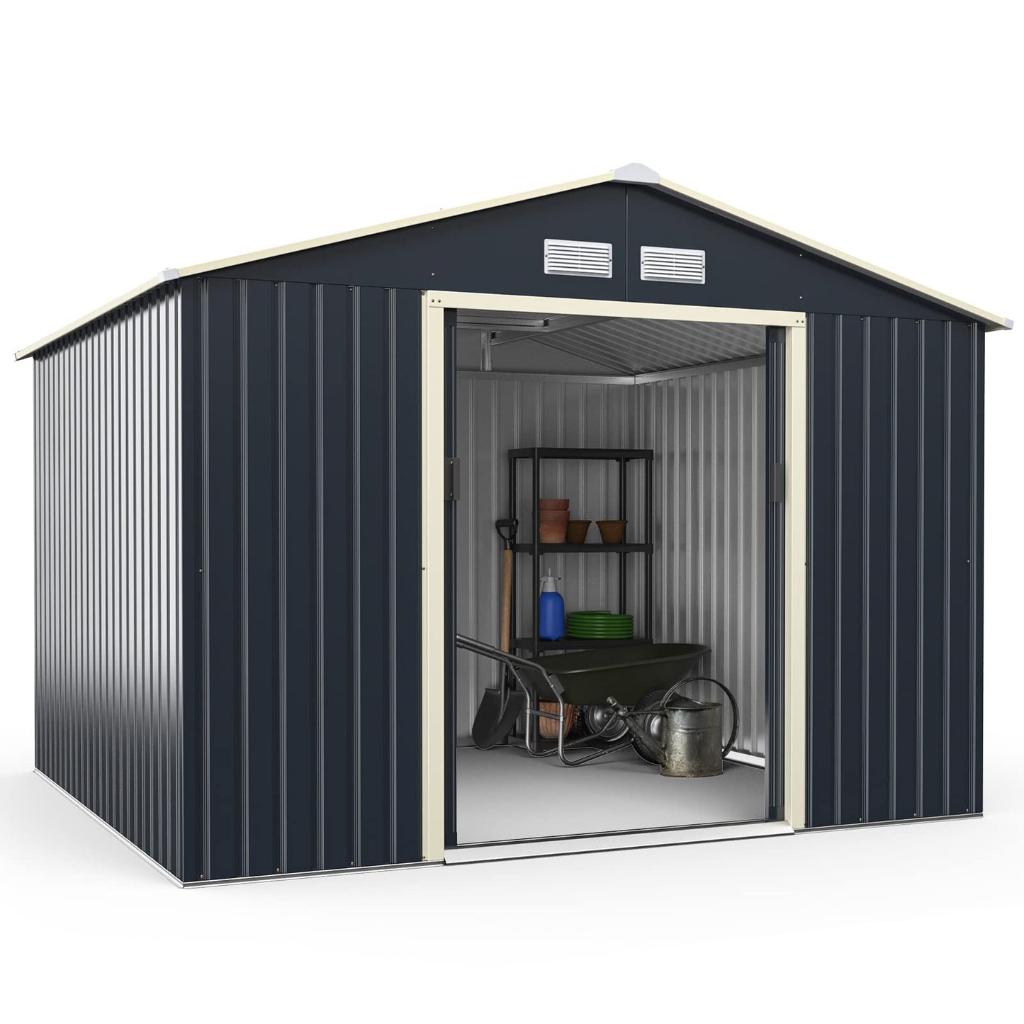 Goplus Abri de rangement en métal 9' X 8' Organisateur de bâtiment extérieur avec 4 aérations et double porte coulissante pour jardin, arrière-cour, ferme (9' X 8') 9' X 8'
