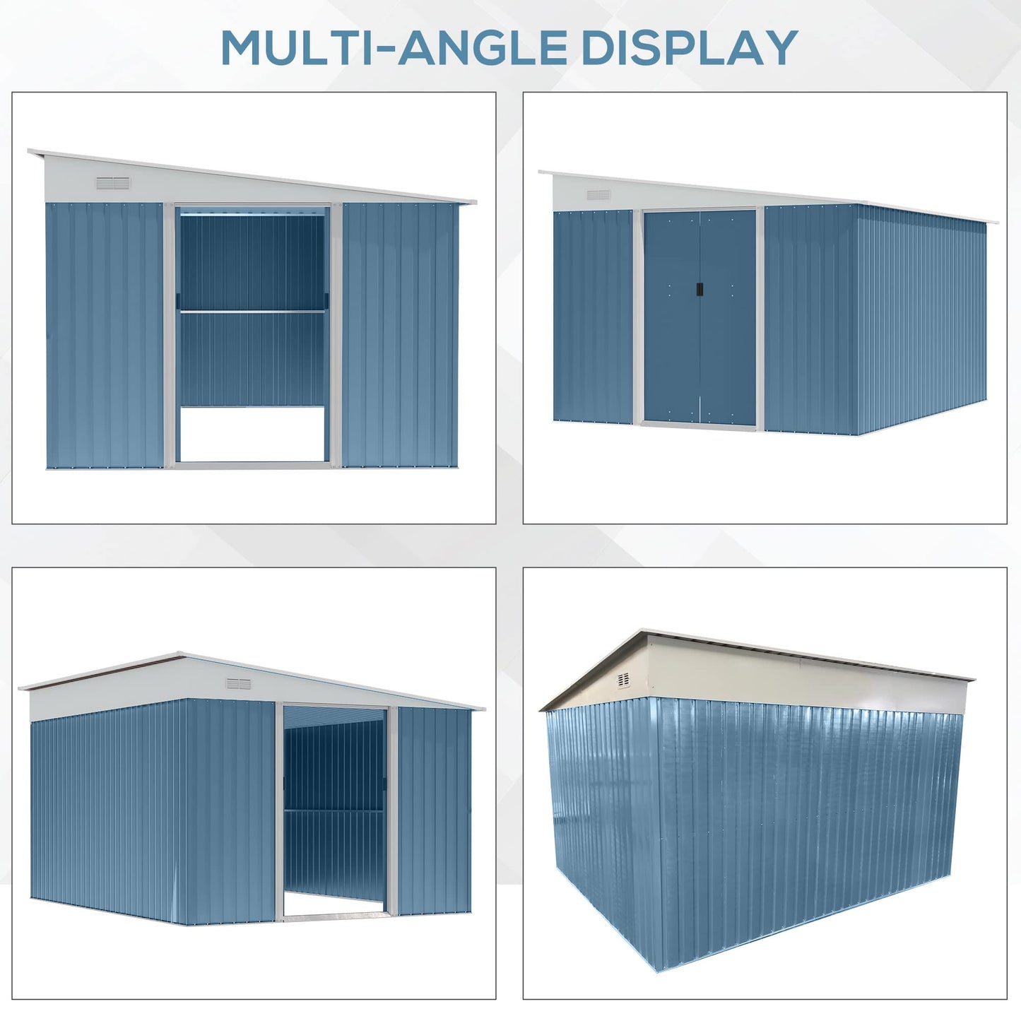 Outsunny Abri de jardin en acier de 11' x 9' avec maison à outils en métal avec doubles portes coulissantes verrouillables et 2 bouches d'aération, bleu