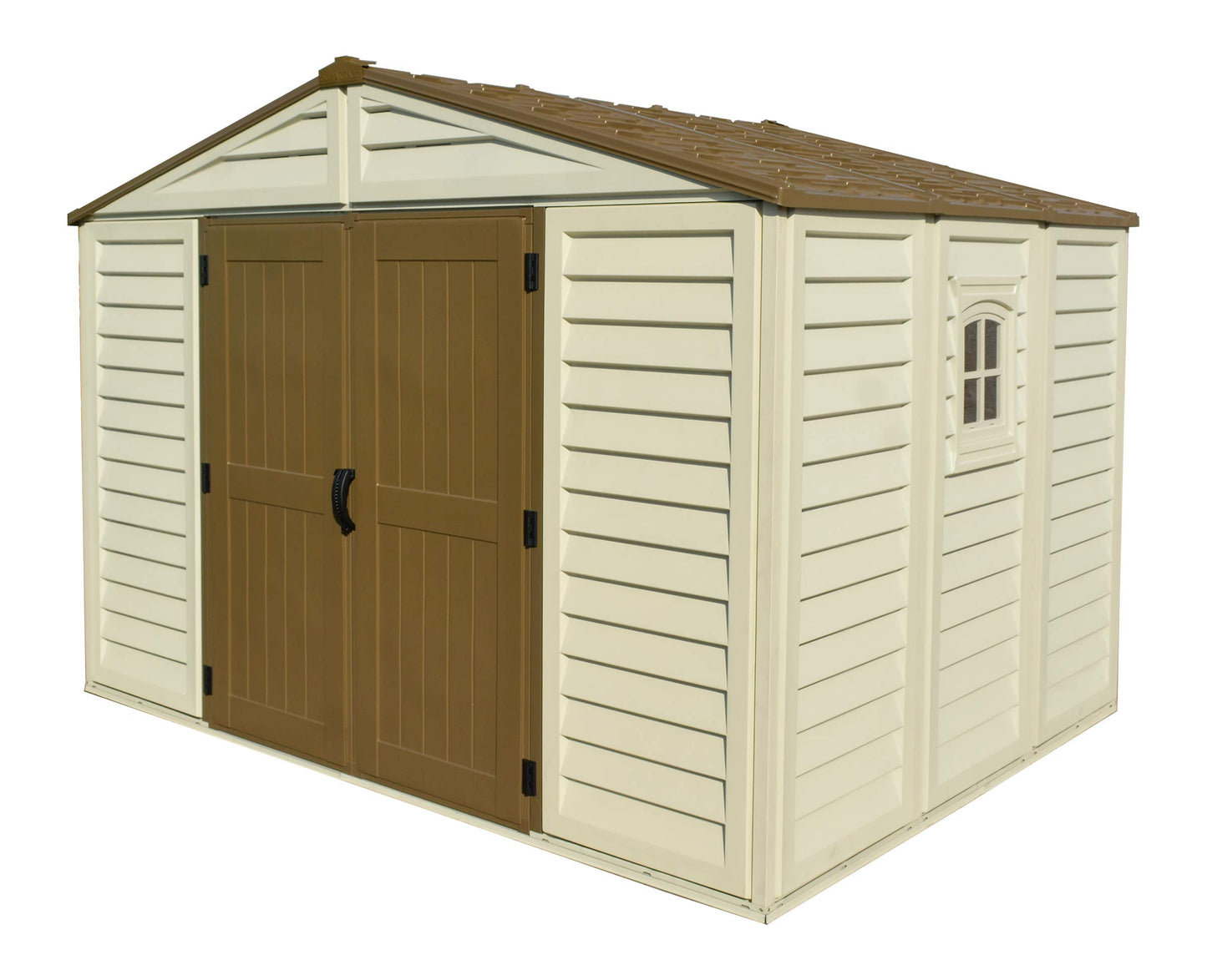 Duramax 0638801402145 Woodbridge Plus Abri de jardin en plastique 10,5 x 8 avec kit de fondation et fenêtre fixe - ivoire et marron - Garantie 15 ans, 10 x 8, marron et ivoire