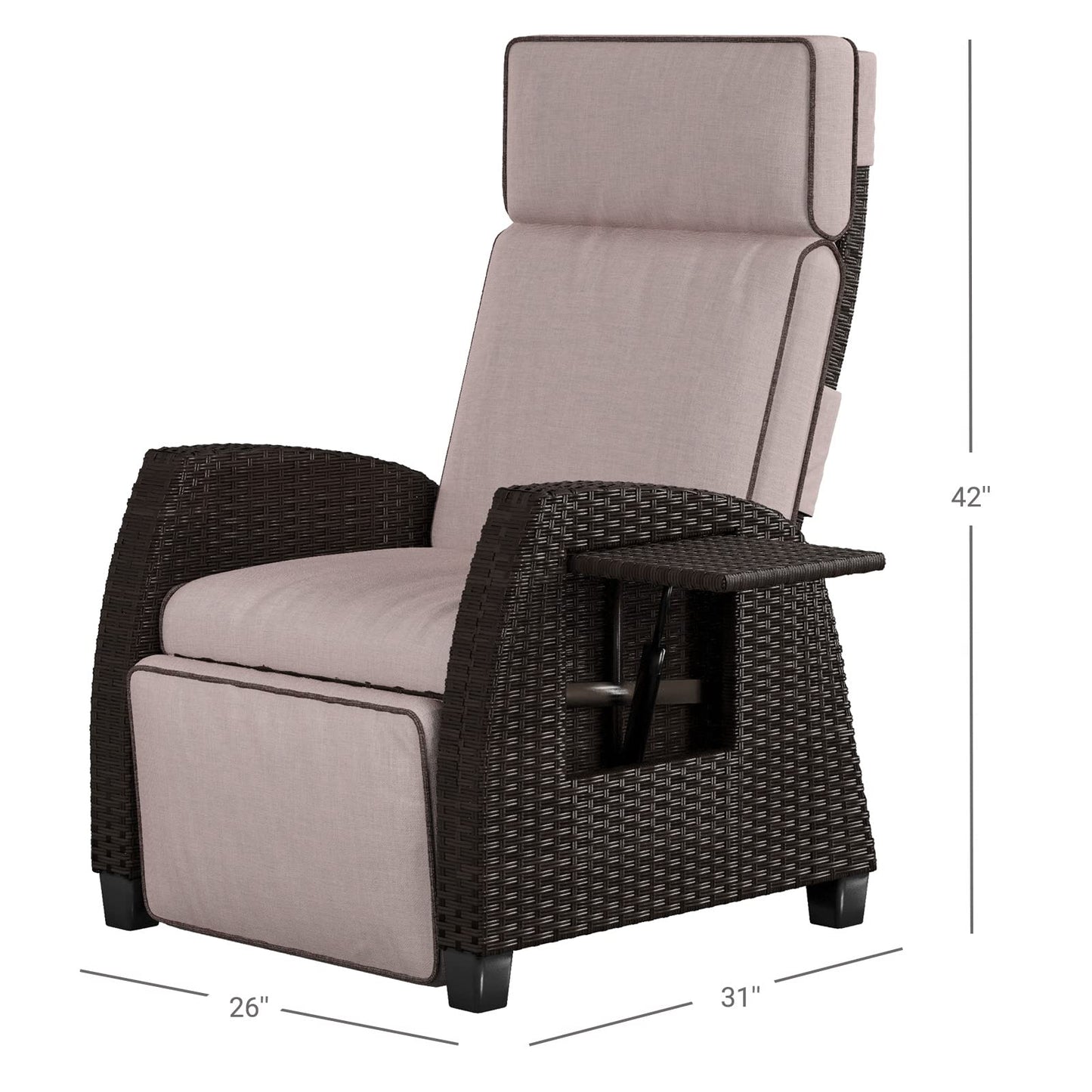 Grand patio Indoor & Outdoor Moor Recliner PE Wicker with Flip Table Push Back Reclining Lounge Chair, Flax Beige 1 PCS