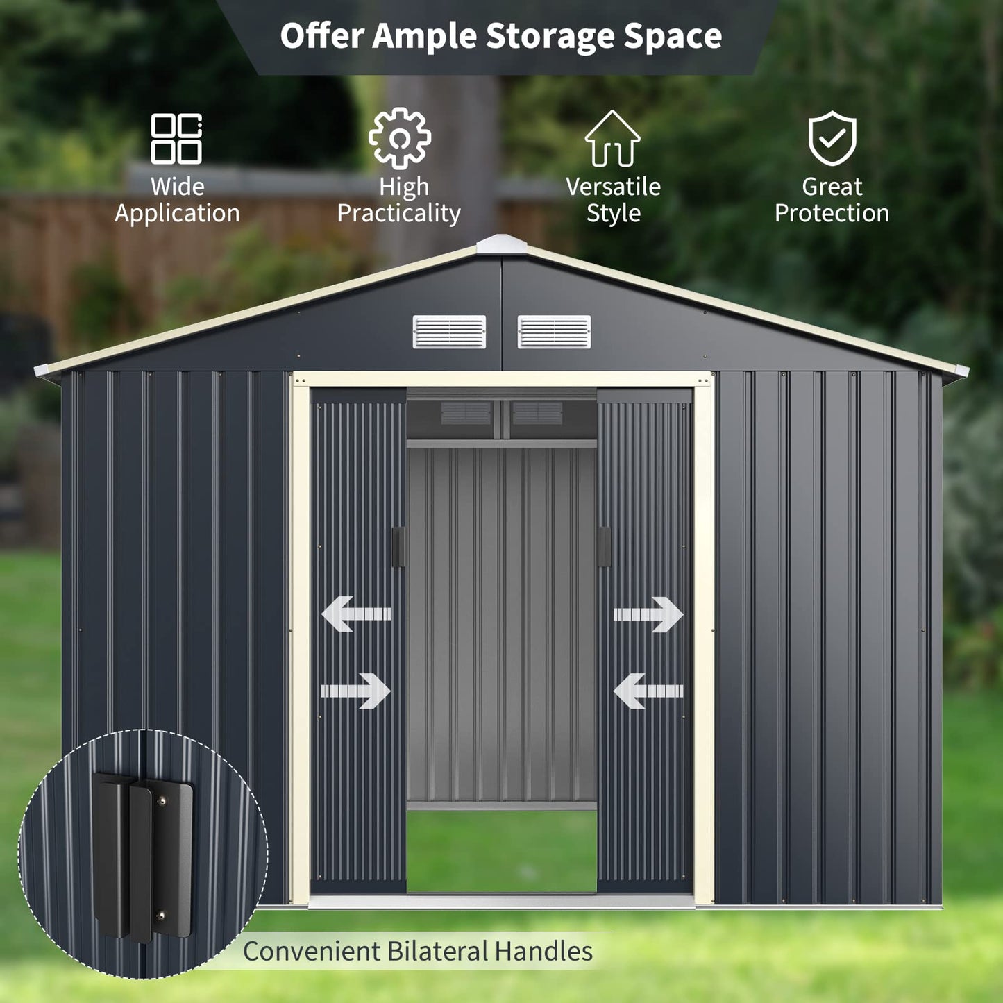 Goplus Abri de rangement en métal 9' X 8' Organisateur de bâtiment extérieur avec 4 aérations et double porte coulissante pour jardin, arrière-cour, ferme (9' X 8') 9' X 8'