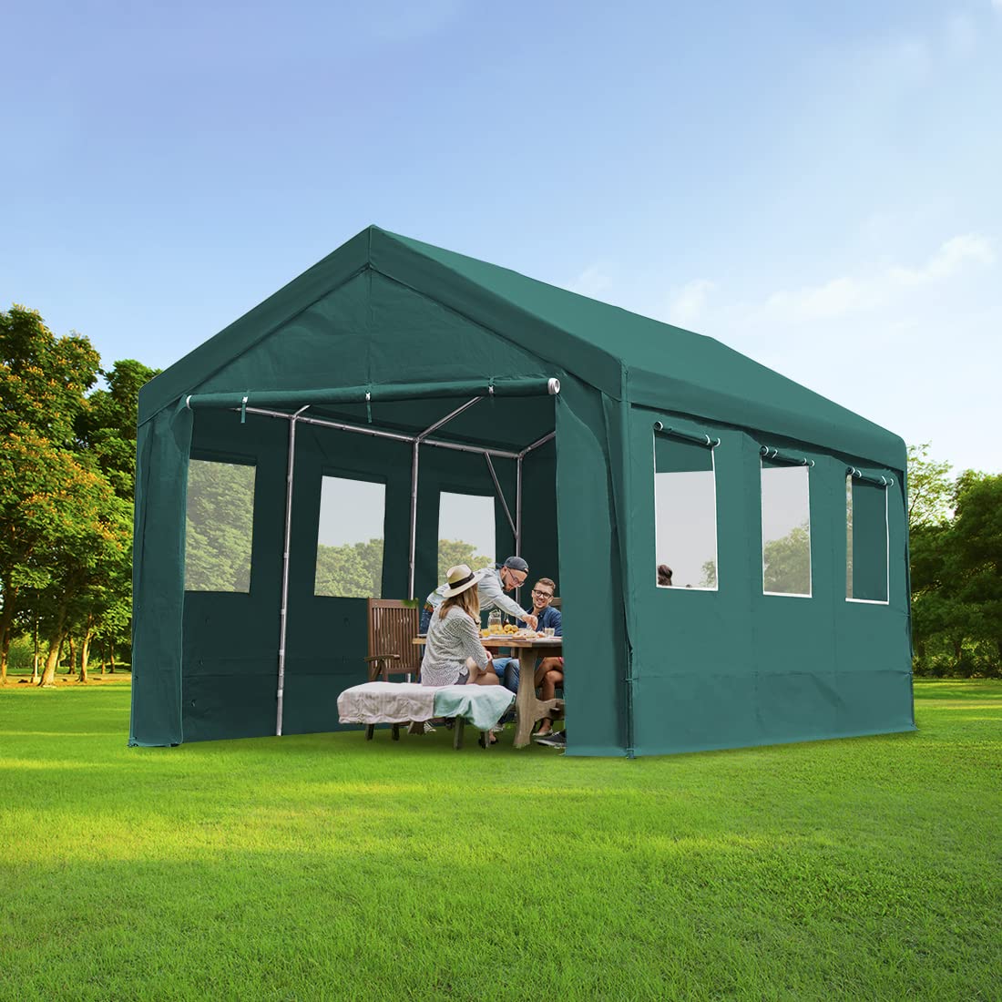 ADVANCE OUTDOOR 12x20 ft Heavy Duty Adjustable Carport with 6 Roll-up Ventilated Windows & Removable Sidewalls Car Canopy Garage Boat Shelter Party Tent, Peak Height from 9.5ft to 11ft, Green (020G) 12'x20'