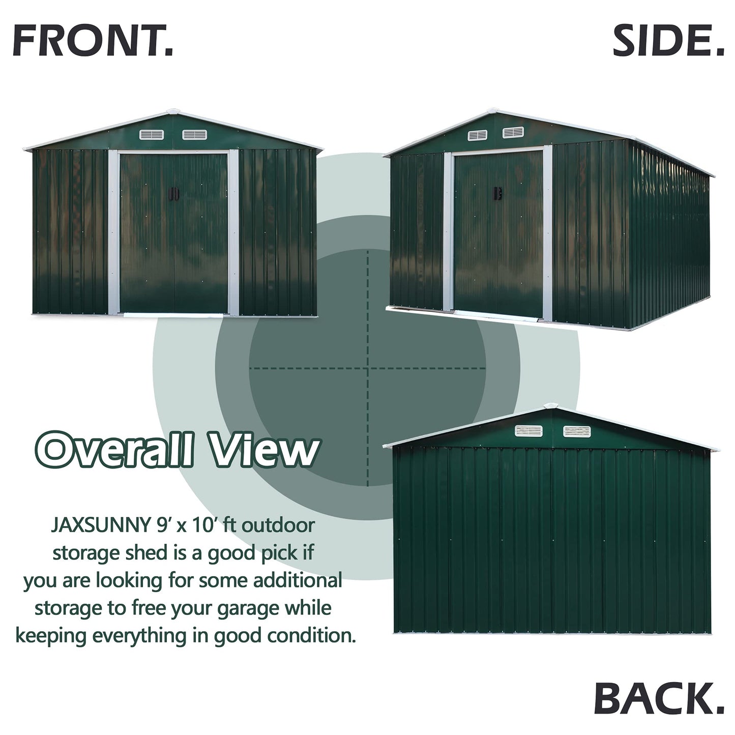 JAXSUNNNY 9 x 10 FT Large Outdoor Storage Shed w/ Floor Frame, Garden Metal Storage Shed for Outdoor Furniture, Lawnmover, Bikes, Utility Tool Organizer with Tall 76" Roof - Gain More Storage Green