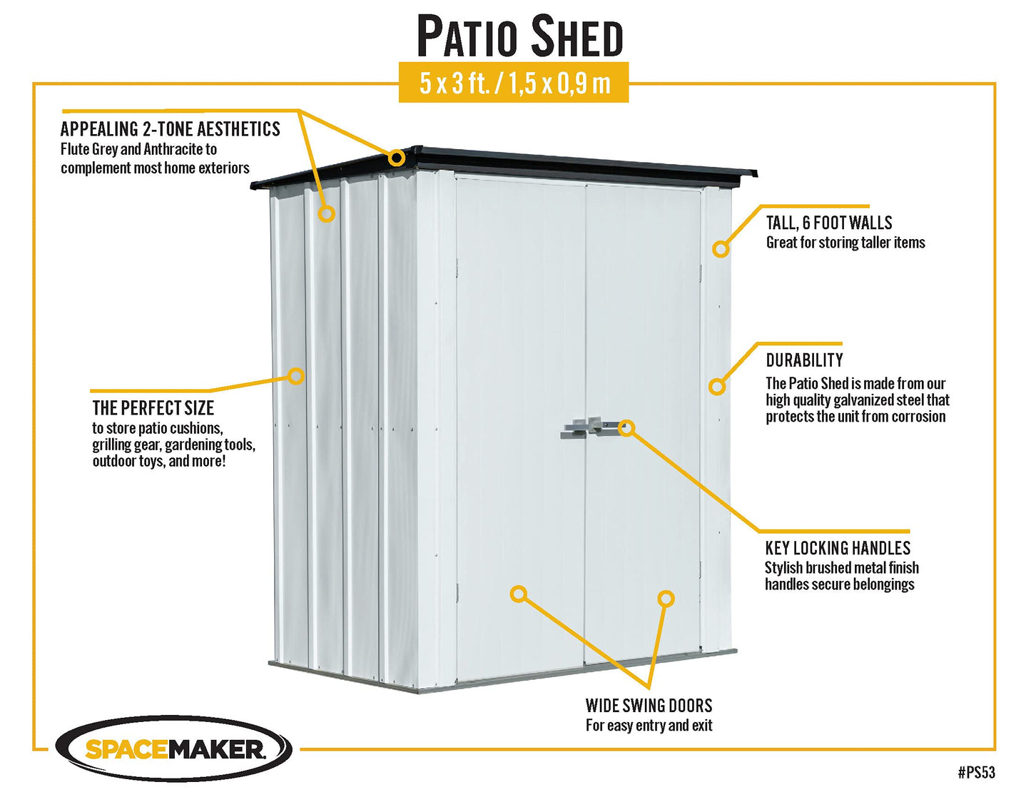 Arrow Shed Shed conçu 5' x 3' x 6' Kit compact d'extérieur en métal pour jardin, terrasse et abri de jardin, gris flûte et anthracite