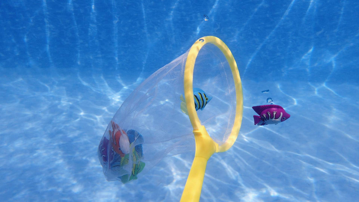 Swimline Fish Catch Game Dive Toys 6-Pack with Fishing Net Weighted Catch and Retrieval Game for Swimming Pool & Bath Tub for Kids Multi Color Rings Underwater Dive Practice Education Learn