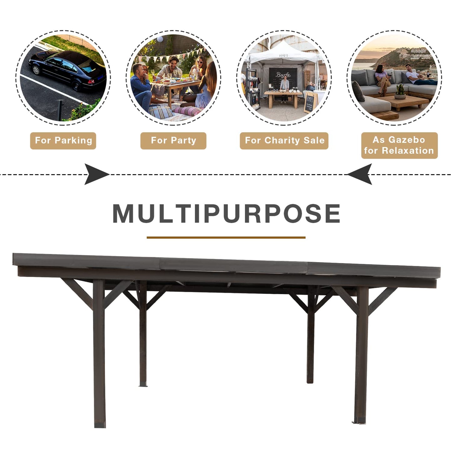 U-MAX 17x12ft Wooden Carport Garage Outdoor Gazebo Wooden Pergola for Backyard, Coffee