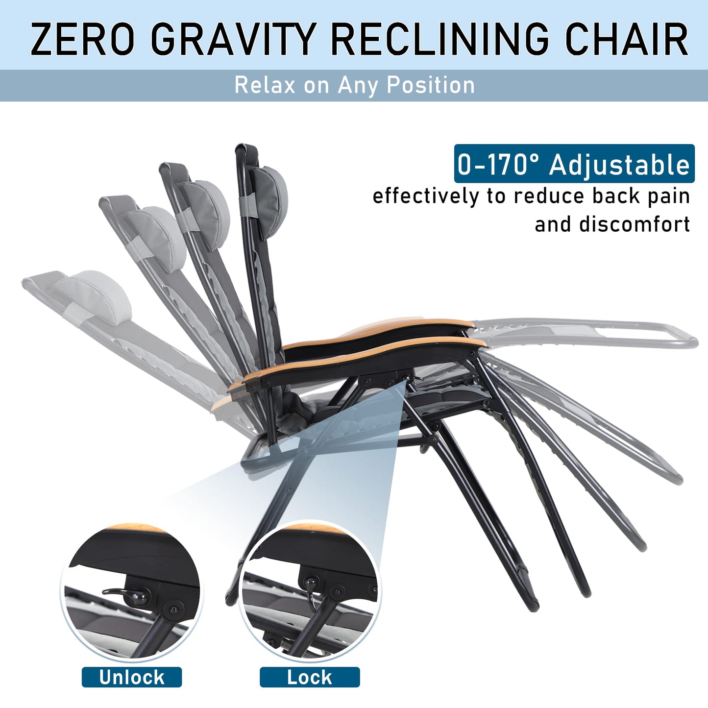 PHI VILLA Oversize XL Padded Zero Gravity Lounge Chair Family Lovers Pack with Wide Armrest Foldable Recliner, Set of 2, Support 400 LBS (Grey) Grey-oversized 2-Pack