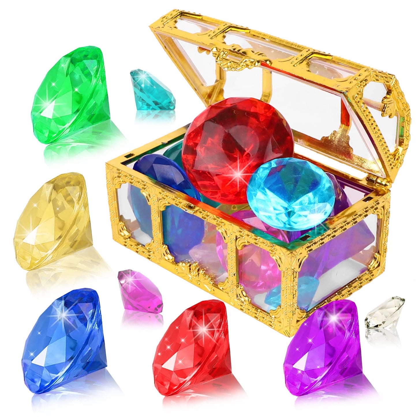 YUJUN Diving Gem Pool Toys 10 Colorful Big Diamond Gem with Treasure Pirate Chest Box Summer Underwater Acrylic Gemstones Set for Kids Swimming Pool Party Favors Assorted