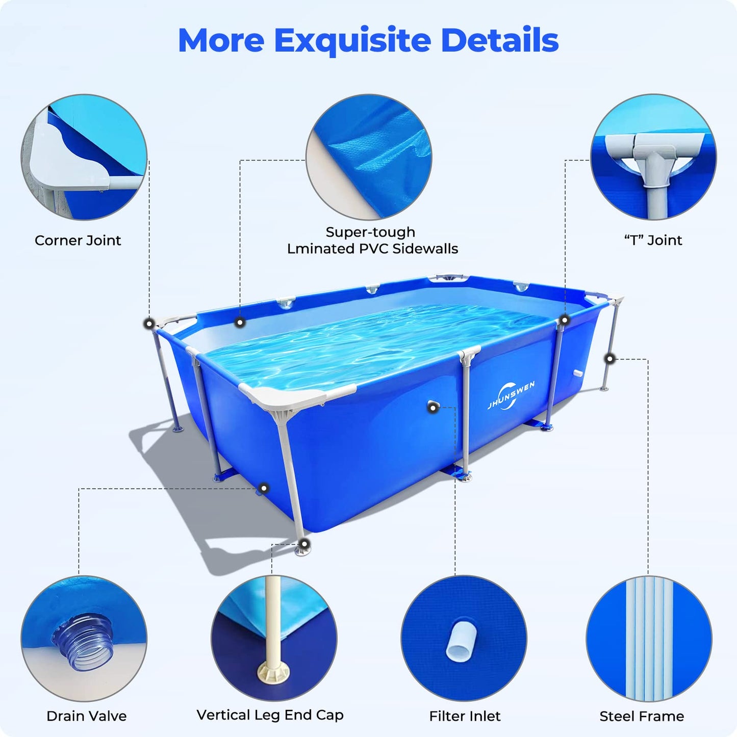 Above Ground Swimming Pool, Jhunswen 8.3ft x 5ft x 26in Outdoor Rectangular Steel Frame Pool for Adults Family, Grande Splash Square Pool for Kids, Easy Setup Pool with Repair Kit (No Filter Pump) 8ft