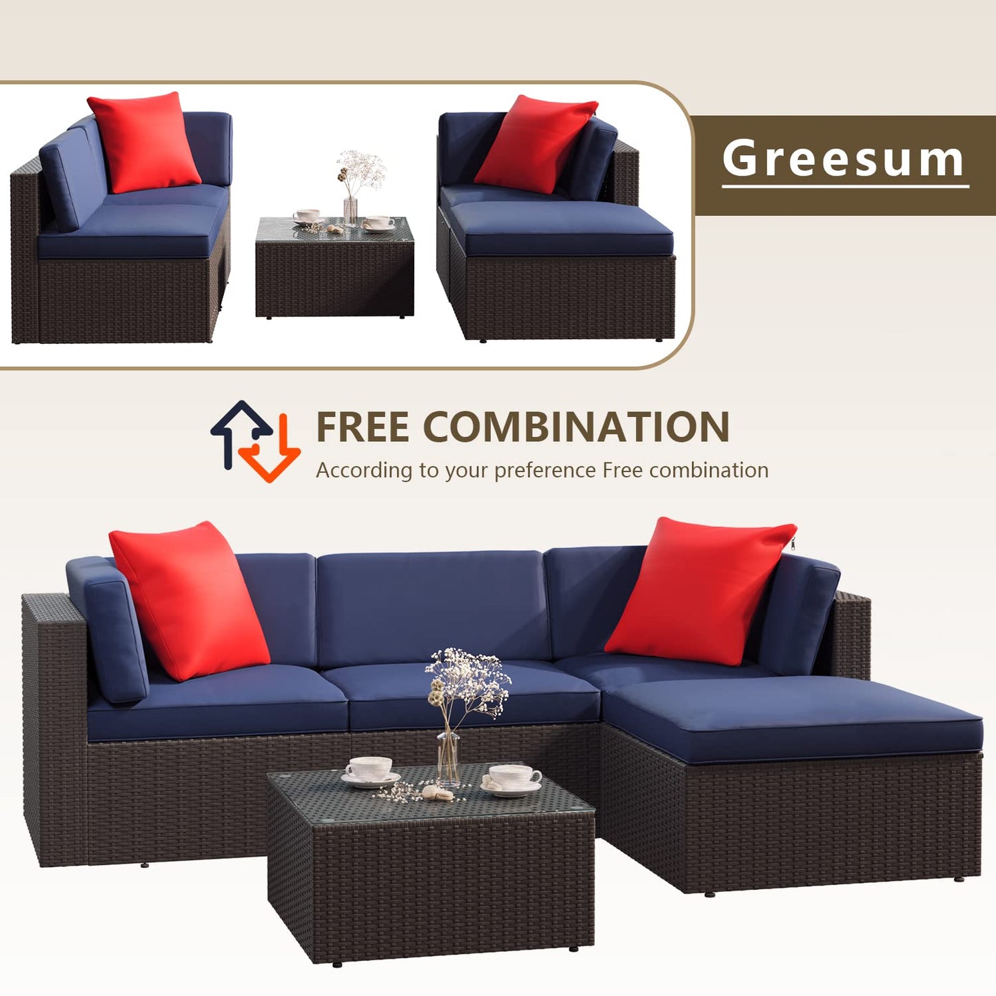 Greesum Patio Furniture Sets 5 Piece Outdoor Wicker Rattan Sectional Sofa with Cushions, Pillows & Glass Table, Dark Blue 5 Pieces