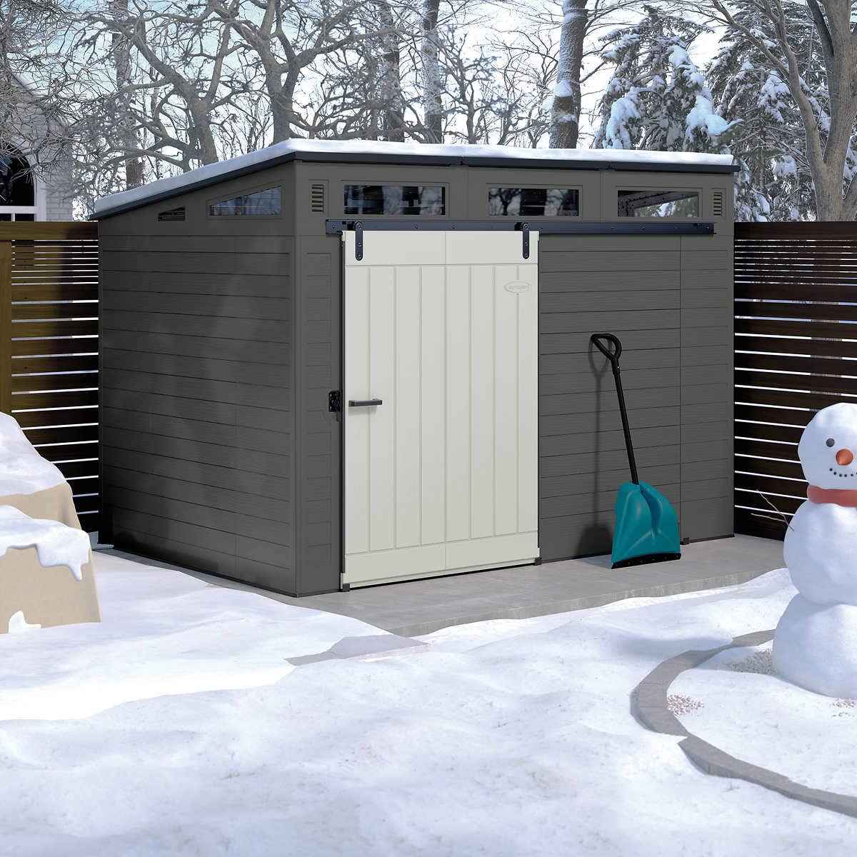 Suncast Modernist 10' x 7' Outdoor Storage Shed with Pad-Lockable Sliding Barn Door, All-Weather Shed for Outdoor Storage Items, Peppercorn