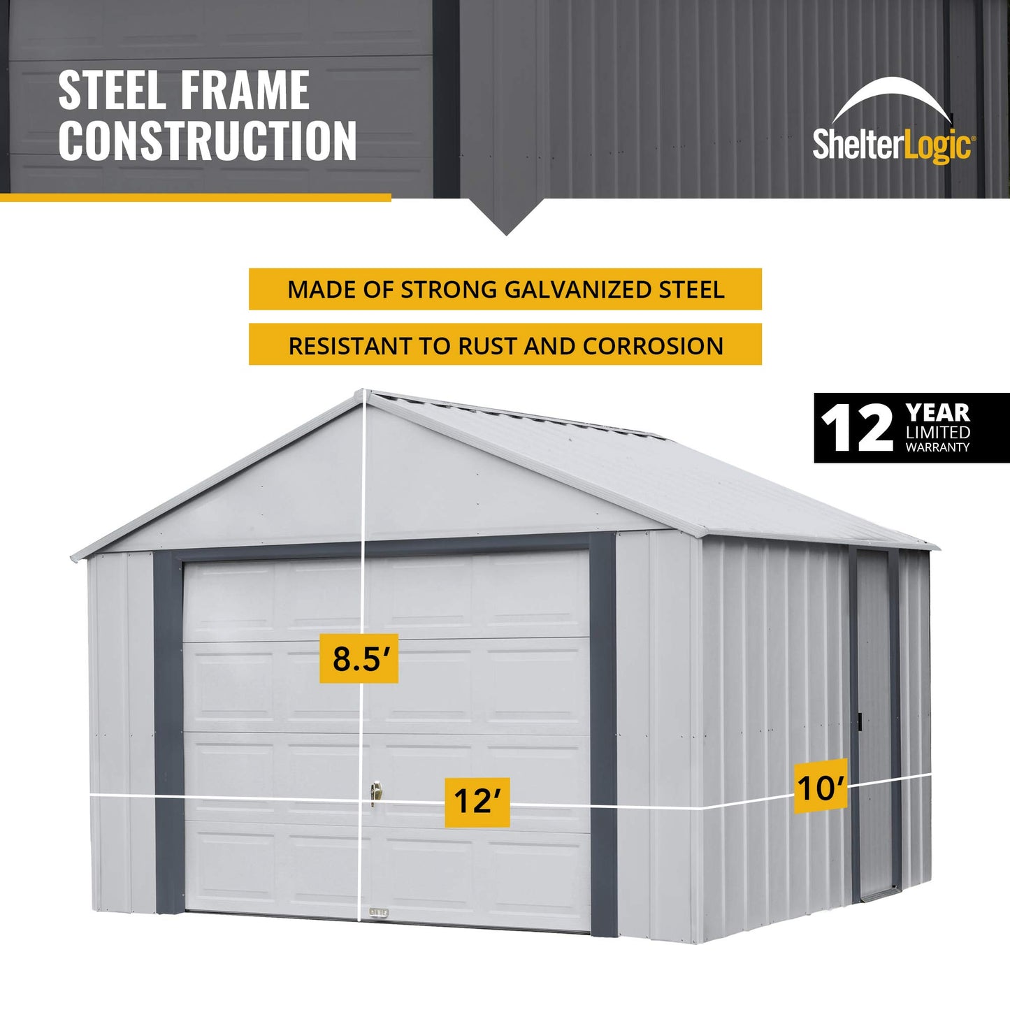 Arrow Shed Hangar préfabriqué avec murs extra hauts en acier galvanisé pour garage Murryhill, 12' x 10', 12' x 10', gris flûte