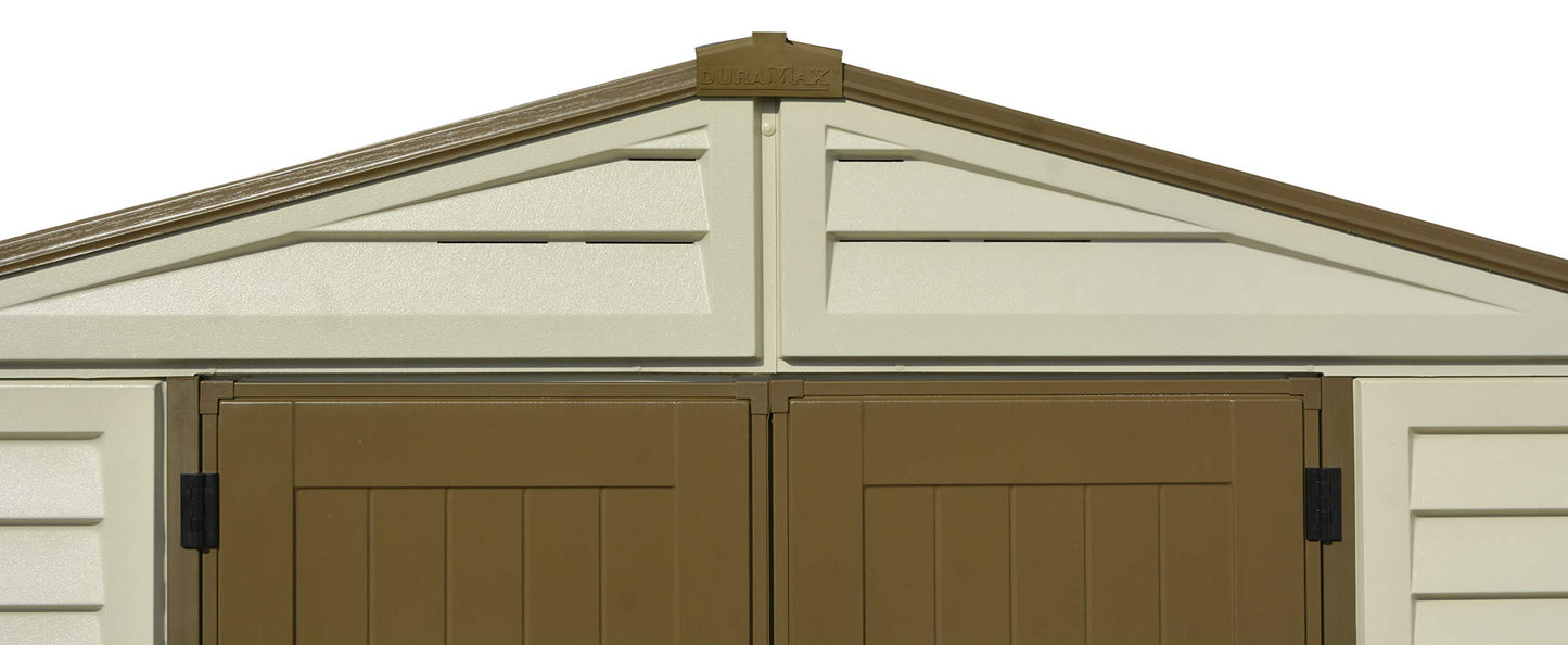 Duramax 0638801402145 Woodbridge Plus Abri de jardin en plastique 10,5 x 8 avec kit de fondation et fenêtre fixe - ivoire et marron - Garantie 15 ans, 10 x 8, marron et ivoire