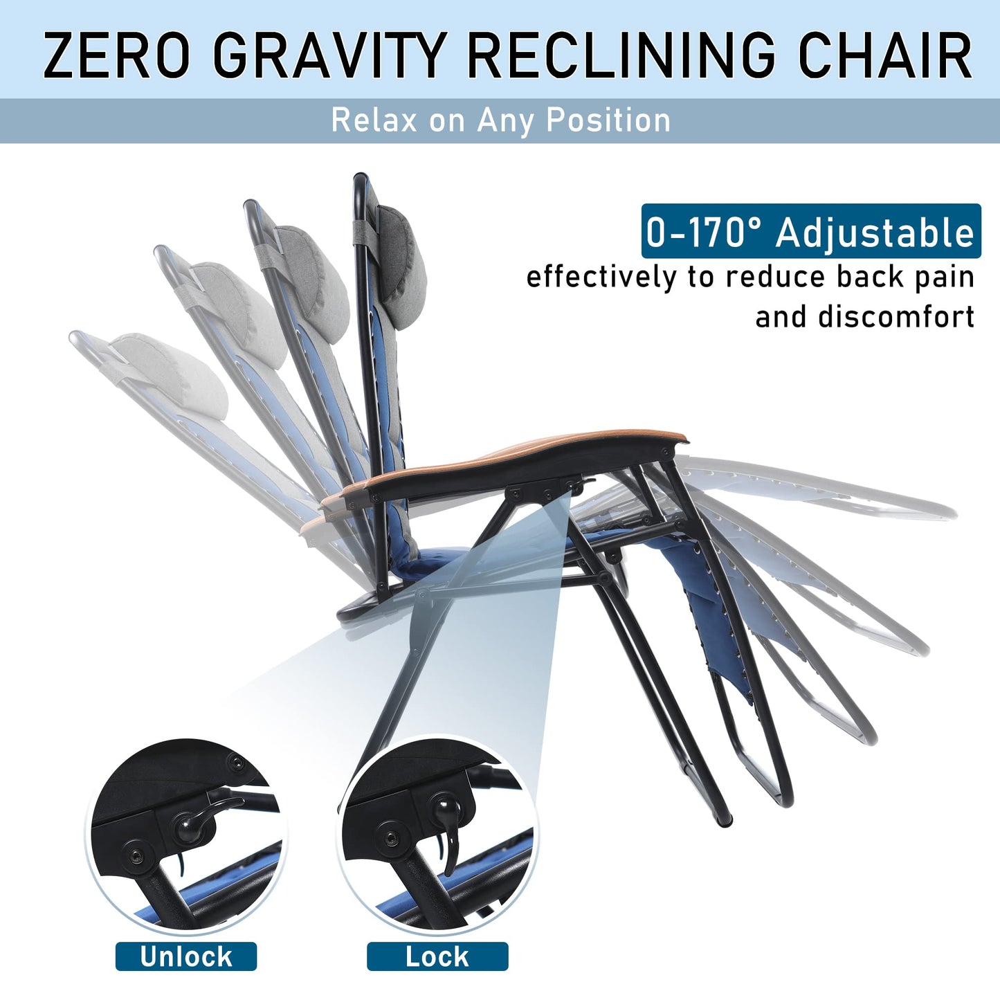 PHI VILLA Oversize XL Padded Zero Gravity Lounge Chair Family Lovers Pack with Wide Armrest Foldable Recliner, Set of 2, Support 400 LBS (Blue) Thumb Blue-oversized 2-Pack