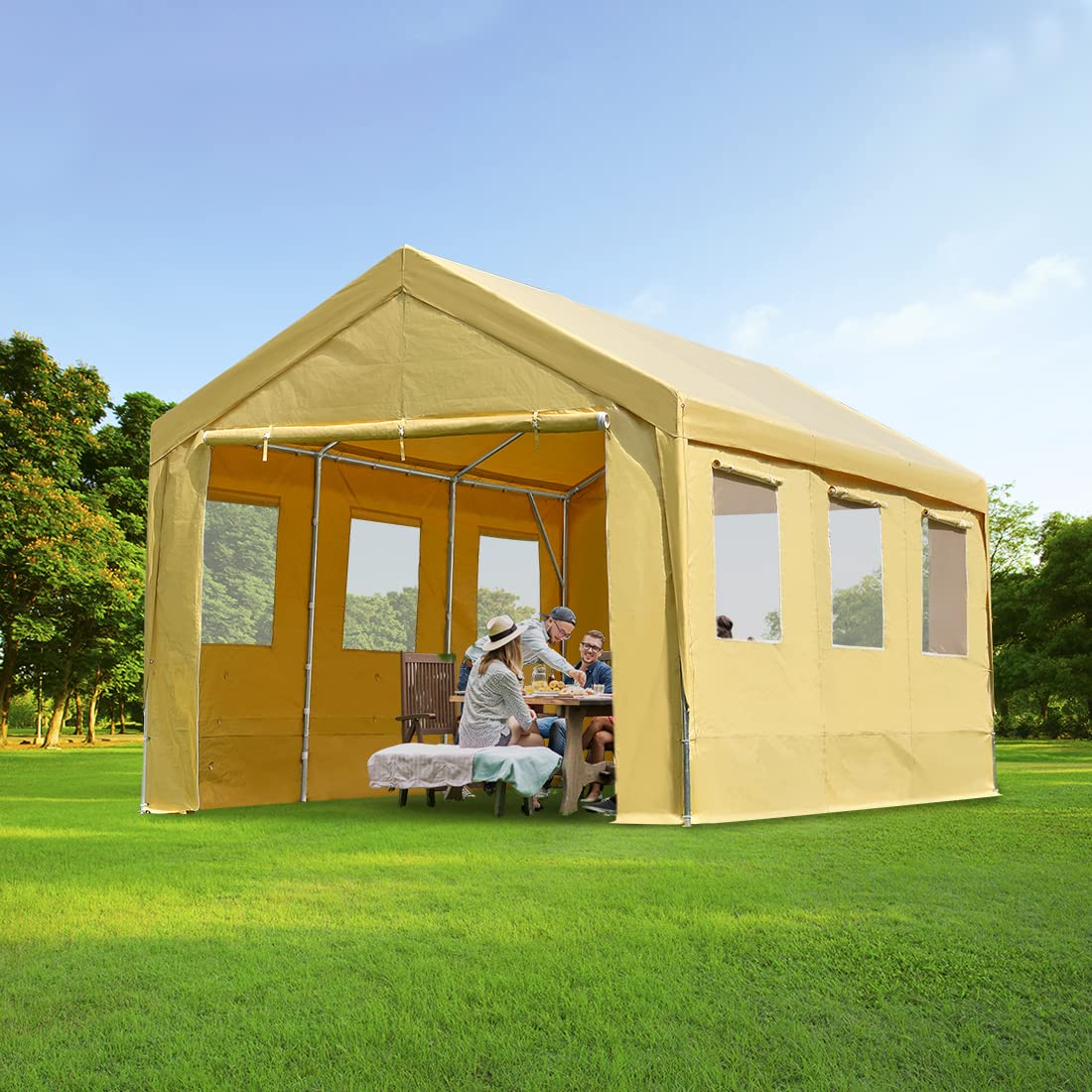 ADVANCE OUTDOOR 12x20 ft Heavy Duty Adjustable Carport with 6 Roll-up Ventilated Windows & Removable Sidewalls Car Canopy Garage Boat Shelter Party Tent, Peak Height from 9.5ft to 11ft, Beige Yellow 12'x20'