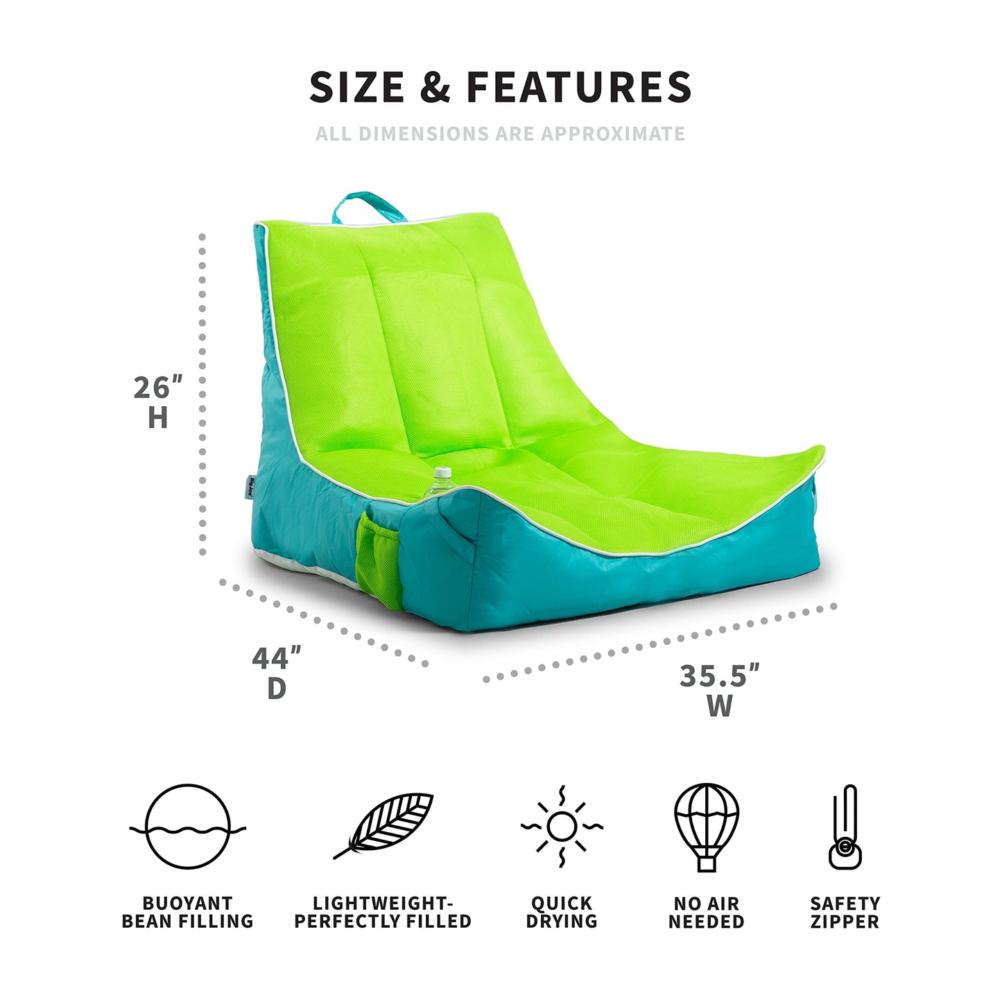Big Joe Captain's Float No Inflation Needed Pool Lounger with Drink Holder, Lime/Capri Mesh, 3ft Captains Float 2.0