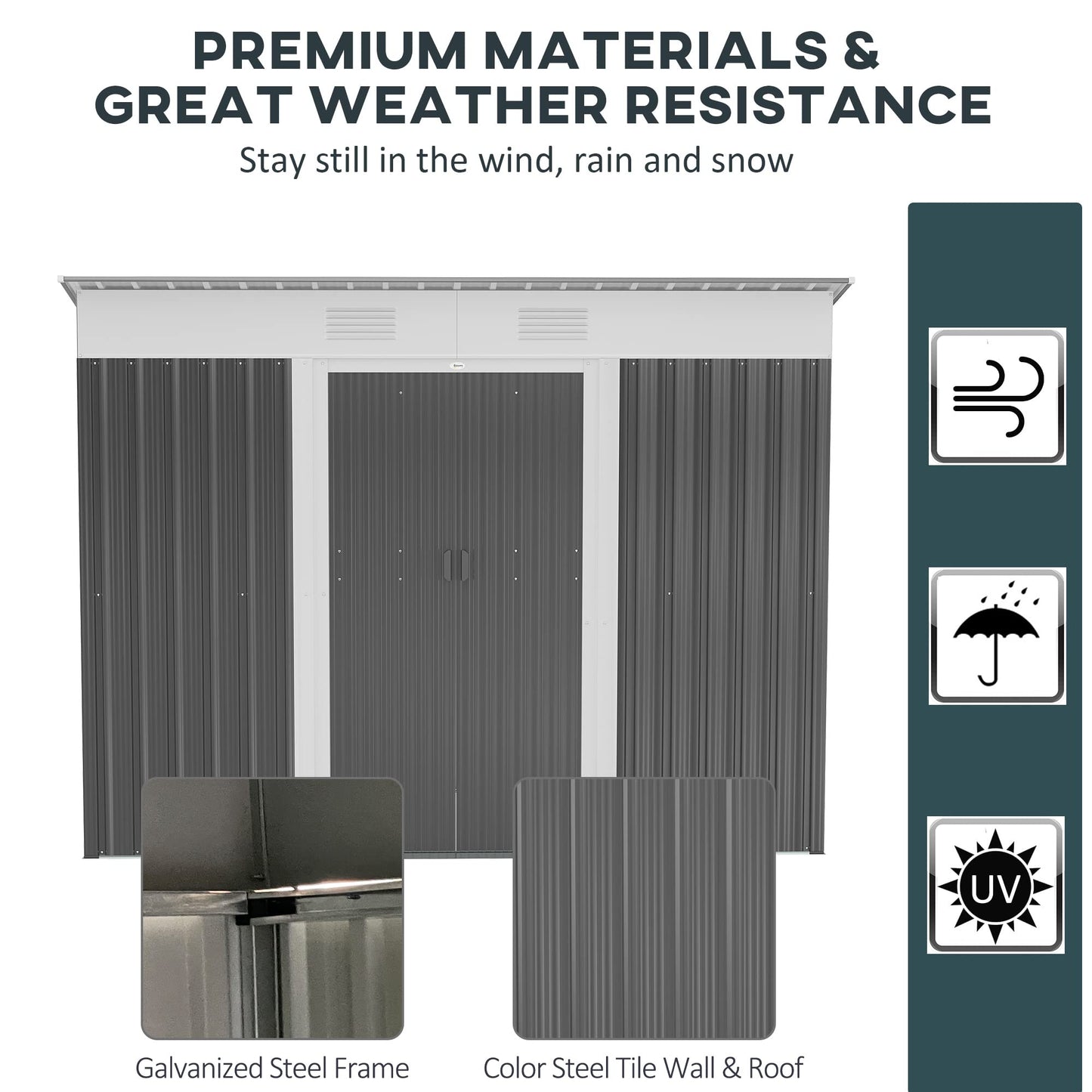 Outsunny Abri de rangement extérieur en métal de 2,4 x 1,2 m, organiseur de rangement pour outils de jardin avec portes coulissantes, serrure et 2 aérations, pour jardin, terrasse, pelouse, gris 2,4 x 1,2 m
