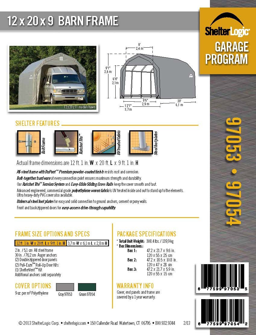 ShelterLogic 97053 Grey 12'x20'x9' Barn Shelter 12' x 20' x 9' Gray