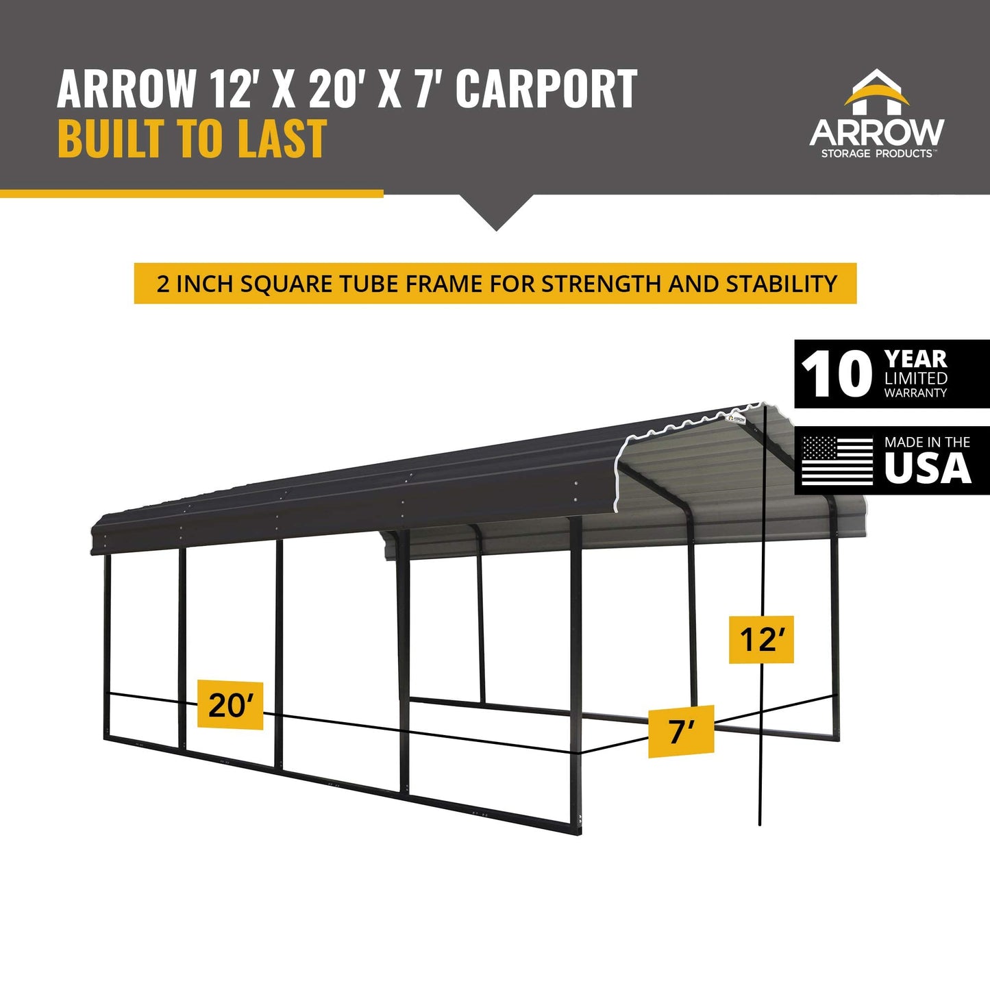 Arrow Shed Abri multi-usage en métal robuste en acier galvanisé 12 x 20 x 7 pieds, abat-jour, abri d'auto, 12' x 20' x 7', couleur charbon