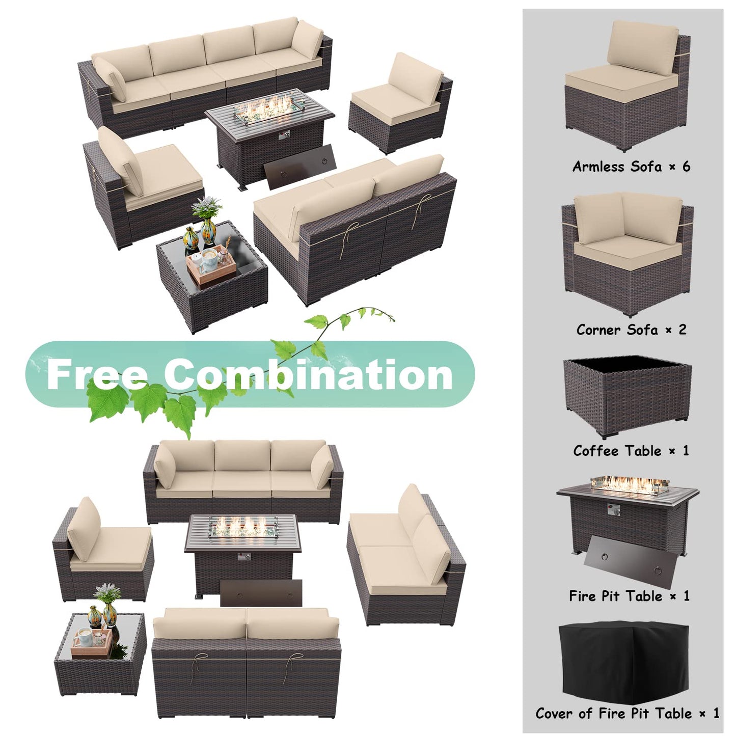 ALAULM 10 Pieces Patio Furniture Set with Propane Fire Pit Table Outdoor Sectional Sofa Sets Patio Furniture