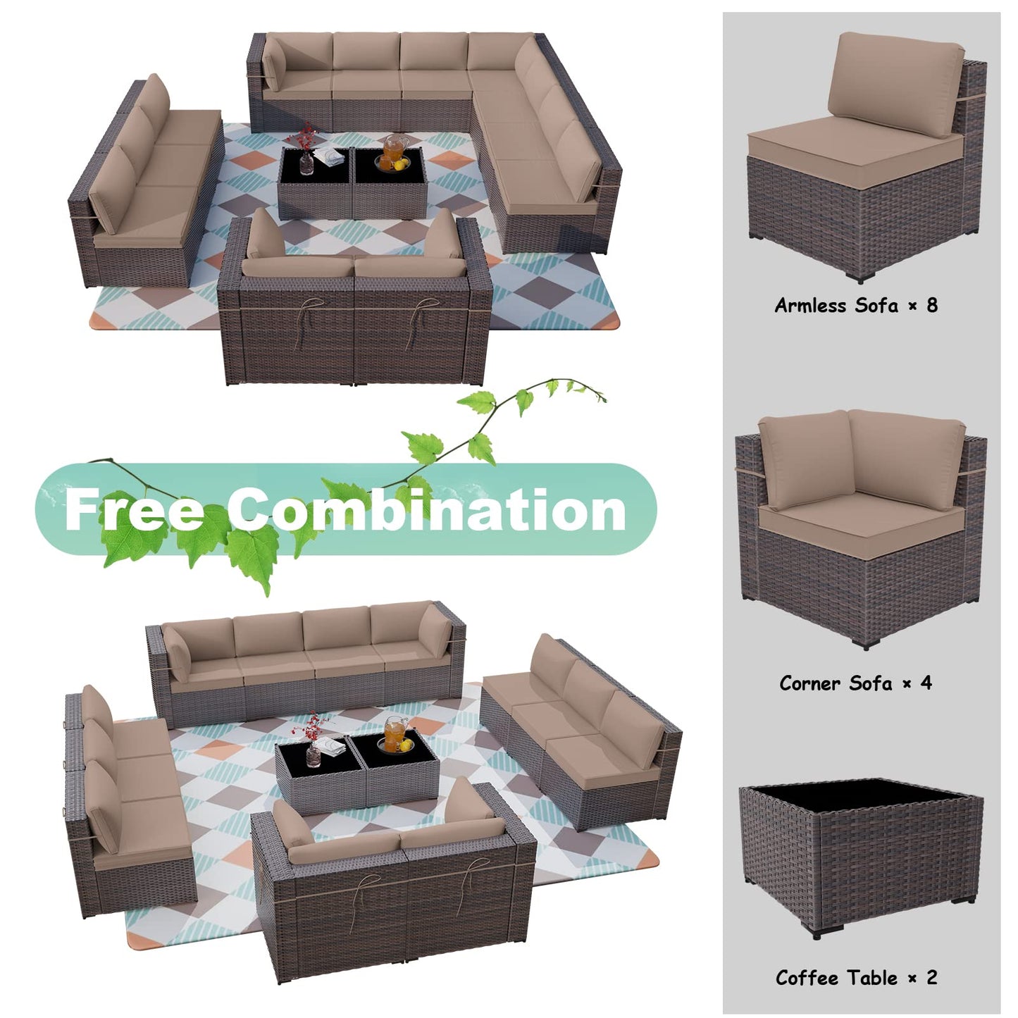 ALAULM 14 Pieces Sectional Outdoor Patio Furniture Sofa Sets - Sand