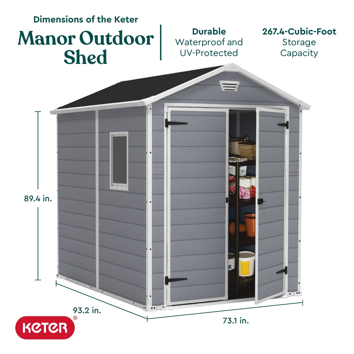 Keter Manor Kit d'abri de rangement extérieur en résine 6 x 8 - Parfait pour ranger les meubles de terrasse, les outils de jardin, les accessoires de vélo, les chaises de plage et la tondeuse à gazon, gris et blanc
