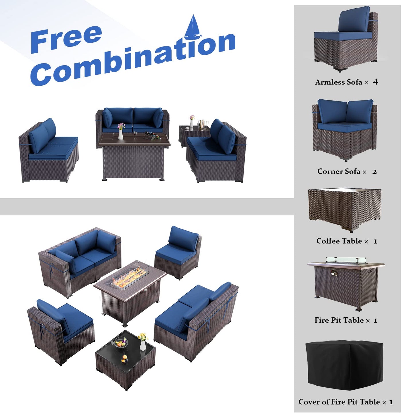 ALAULM 8 Pieces Patio Furniture Set with Propane Fire Pit Table Outdoor Sectional Sofa Sets - Navy Blue