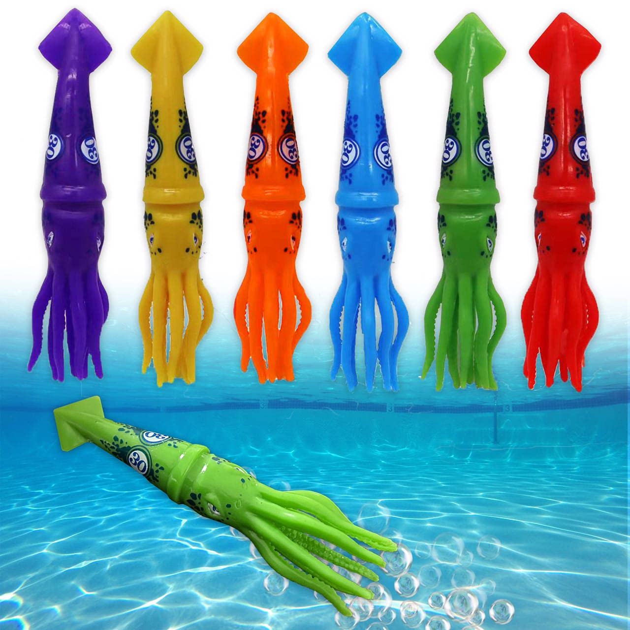 Squid Torpedo Pool Diving Toy Set for Kids, Practice Underwater Diving and Swimming, Multicolor Sinking Squids (Set of 6 Pieces) Multicolor Squid