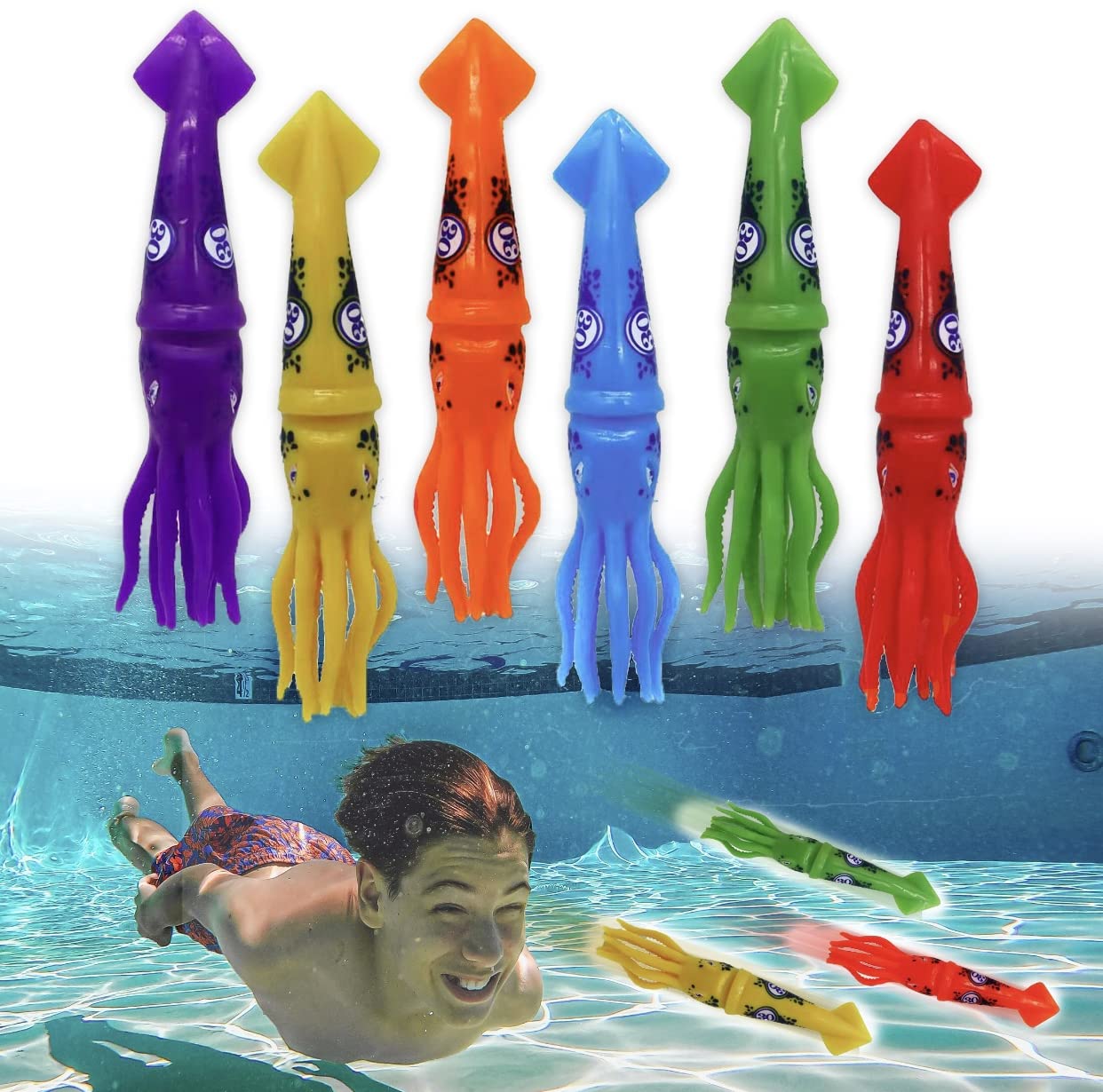 Squid Torpedo Pool Diving Toy Set for Kids, Practice Underwater Diving and Swimming, Multicolor Sinking Squids (Set of 6 Pieces) Multicolor Squid