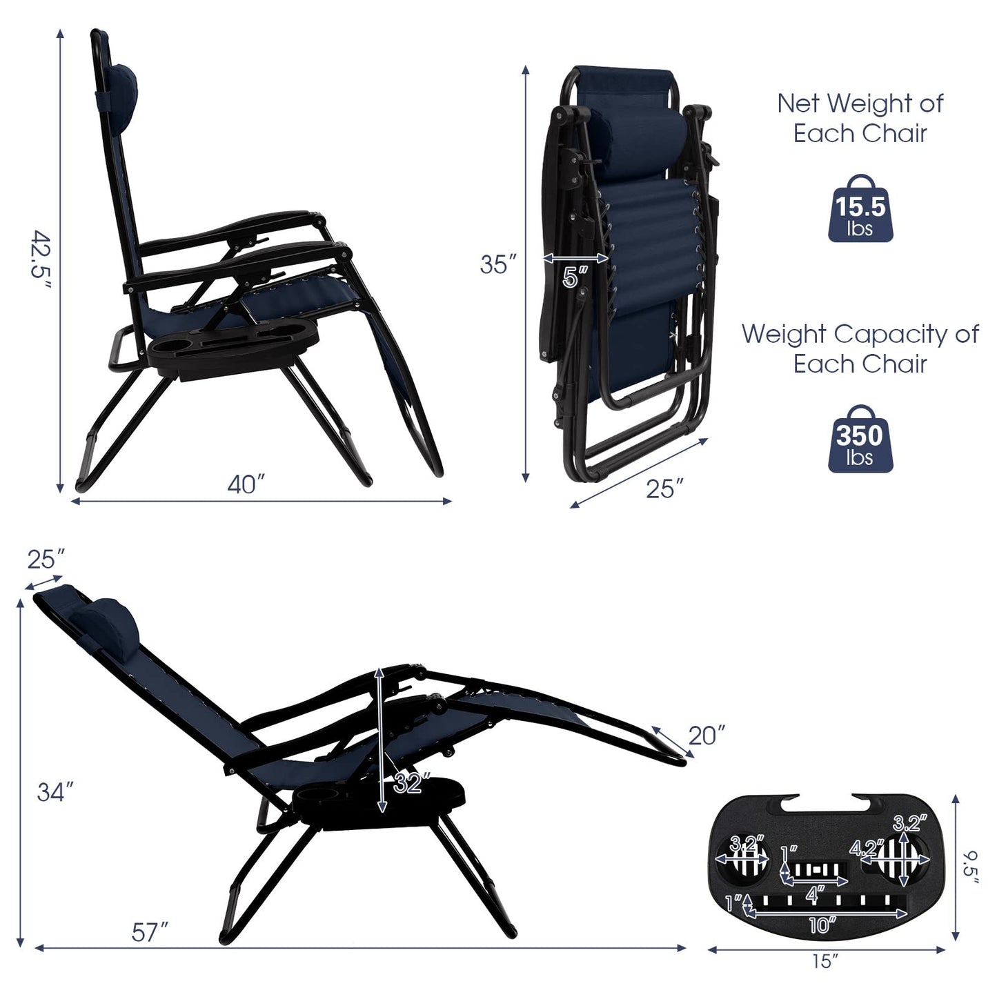 Goplus Zero Gravity Chair, Adjustable Folding Reclining Lounge Chair with Pillow and Cup Holder, Patio Lawn Recliner for Outdoor Pool Camp Yard (Set of 2, Navy) set of 2