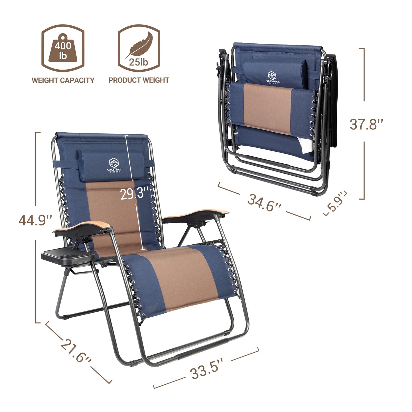 Coastrail Outdoor Zero Gravity Chair Wood Armrest XXL Camping Lounge Chair Patio Recliner Support 400lbs Padded Reclining Chair Folding Lawn Chair with Side Table Blue