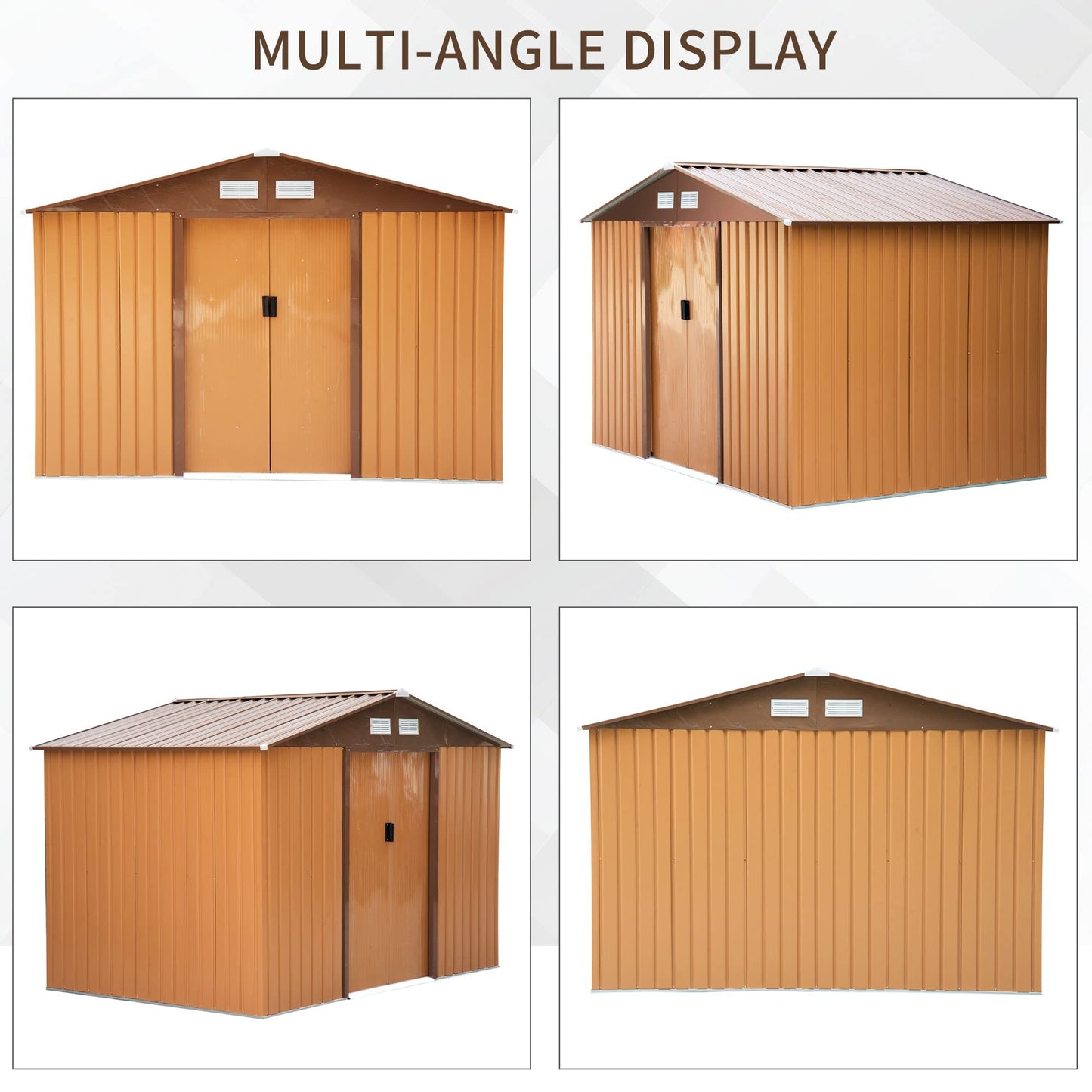 Outsunny 9' x 6' Metal Storage Shed Garden Tool House with Double Sliding Doors, 4 Air Vents for Backyard, Patio, Lawn Brown 9' x 6'