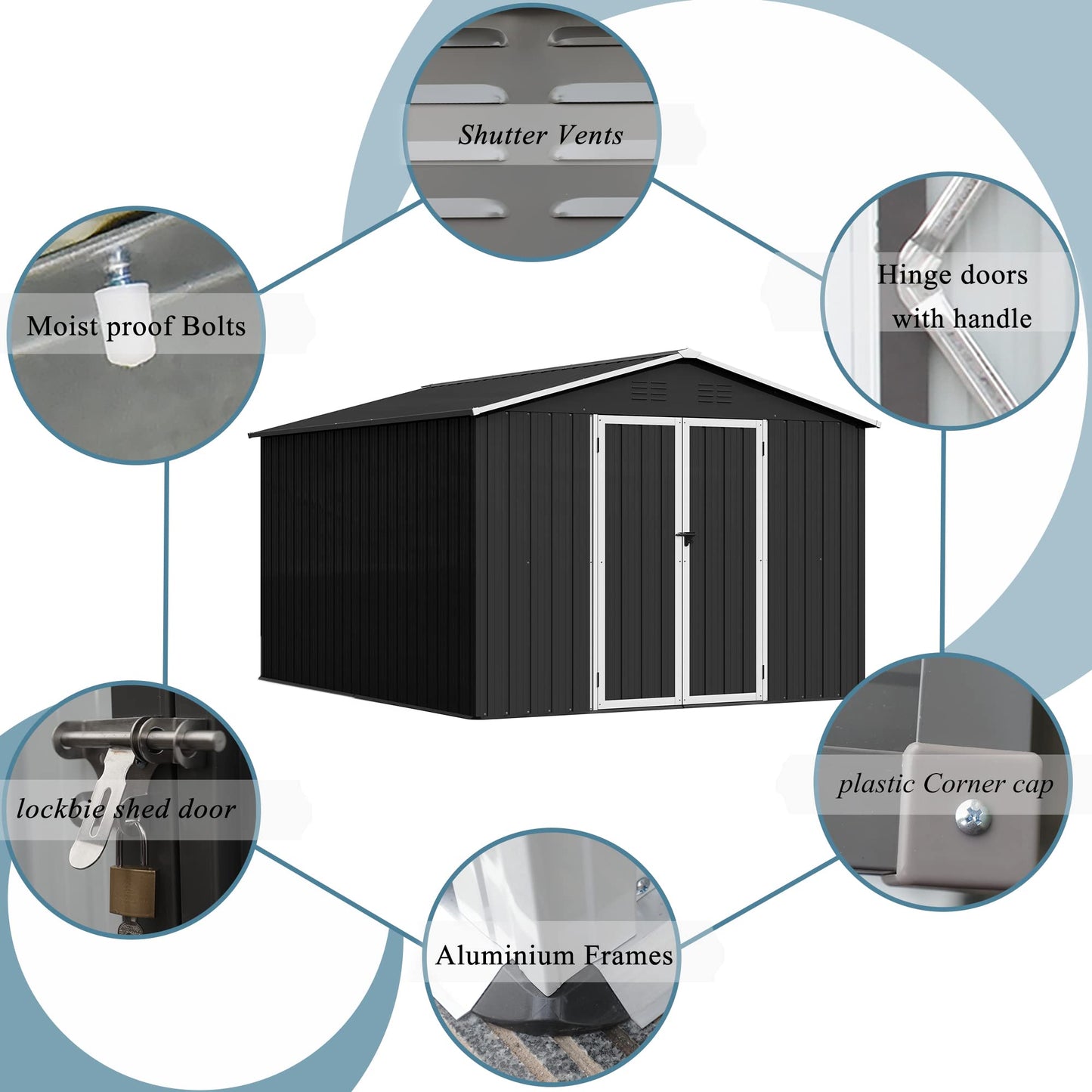 Abri de rangement extérieur de 8 x 10 pieds, remise à outils utilitaire en acier et métal avec doubles portes verrouillables et grille d'aération pour jardin, patio, pelouse (noir) Noir