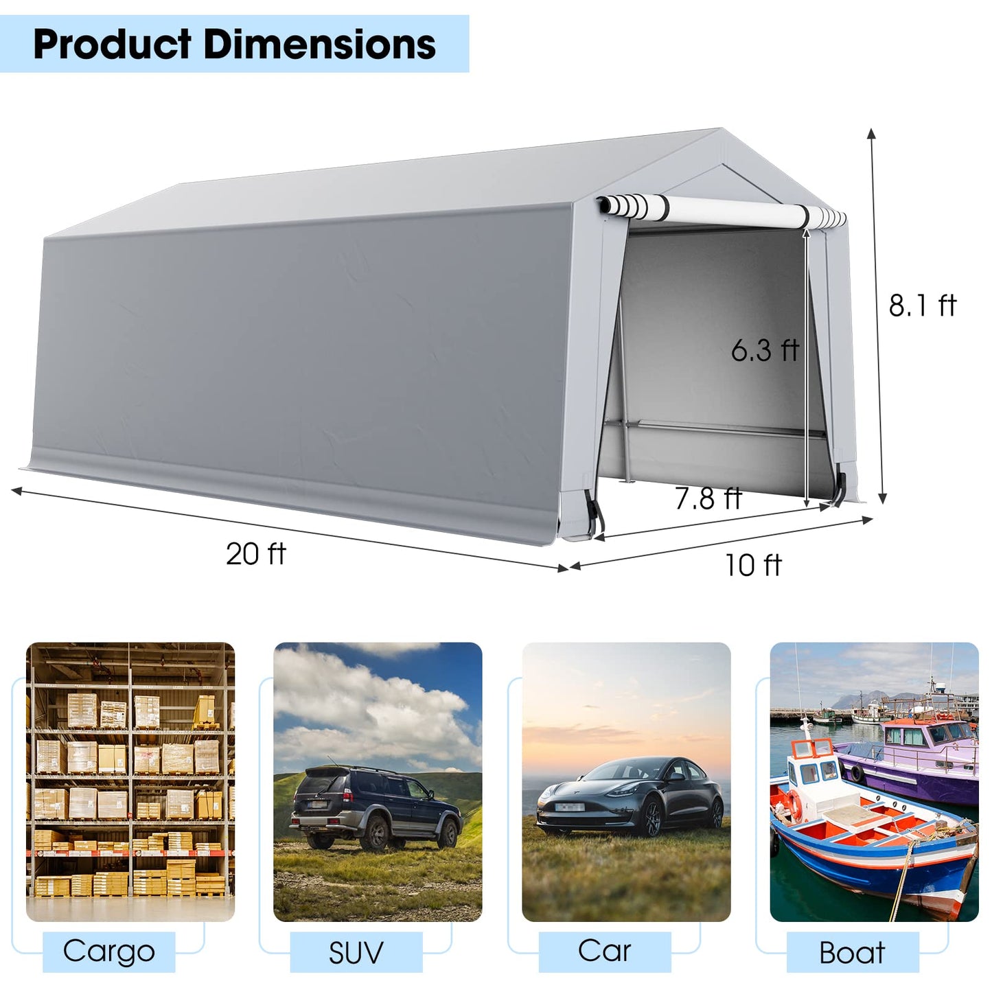 Tangkula 10x20Ft Heavy-Duty Carport, Outdoor Portable Garage with Reinforced Triangular Beams, Galvanized Steel Frame, All-Season Metal Car Canopy with 2 Removable Doors for Car, Truck, SUV, Boat