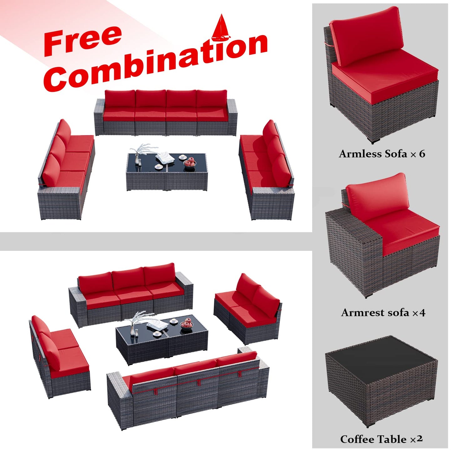 ALAULM 12 Pieces Outdoor Patio Furniture Set Sectional Sofa Sets - Red