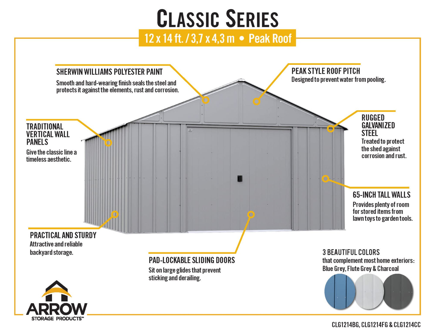 Arrow Sheds Classic 12' x 14' Outdoor Padlockable Steel Storage Shed Building, Flute Grey
