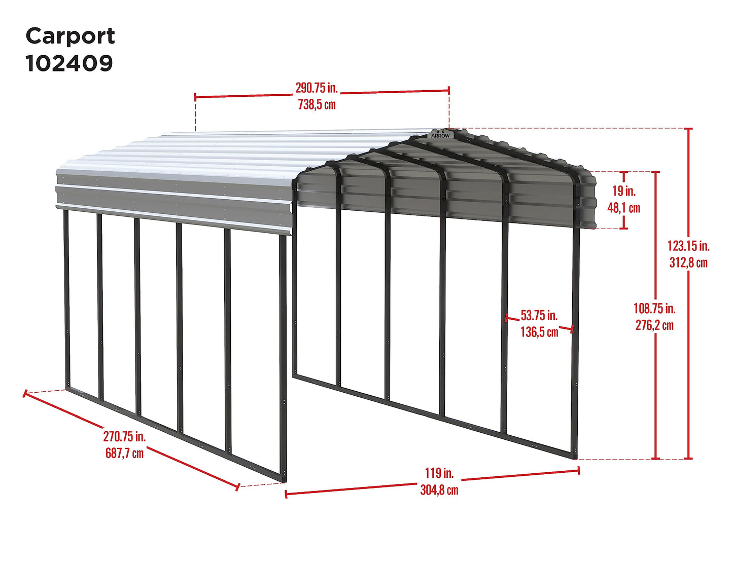 Arrow Carport, 10 ft. x 24 ft. x 9 ft. Charcoal 10' x 24' x 9'