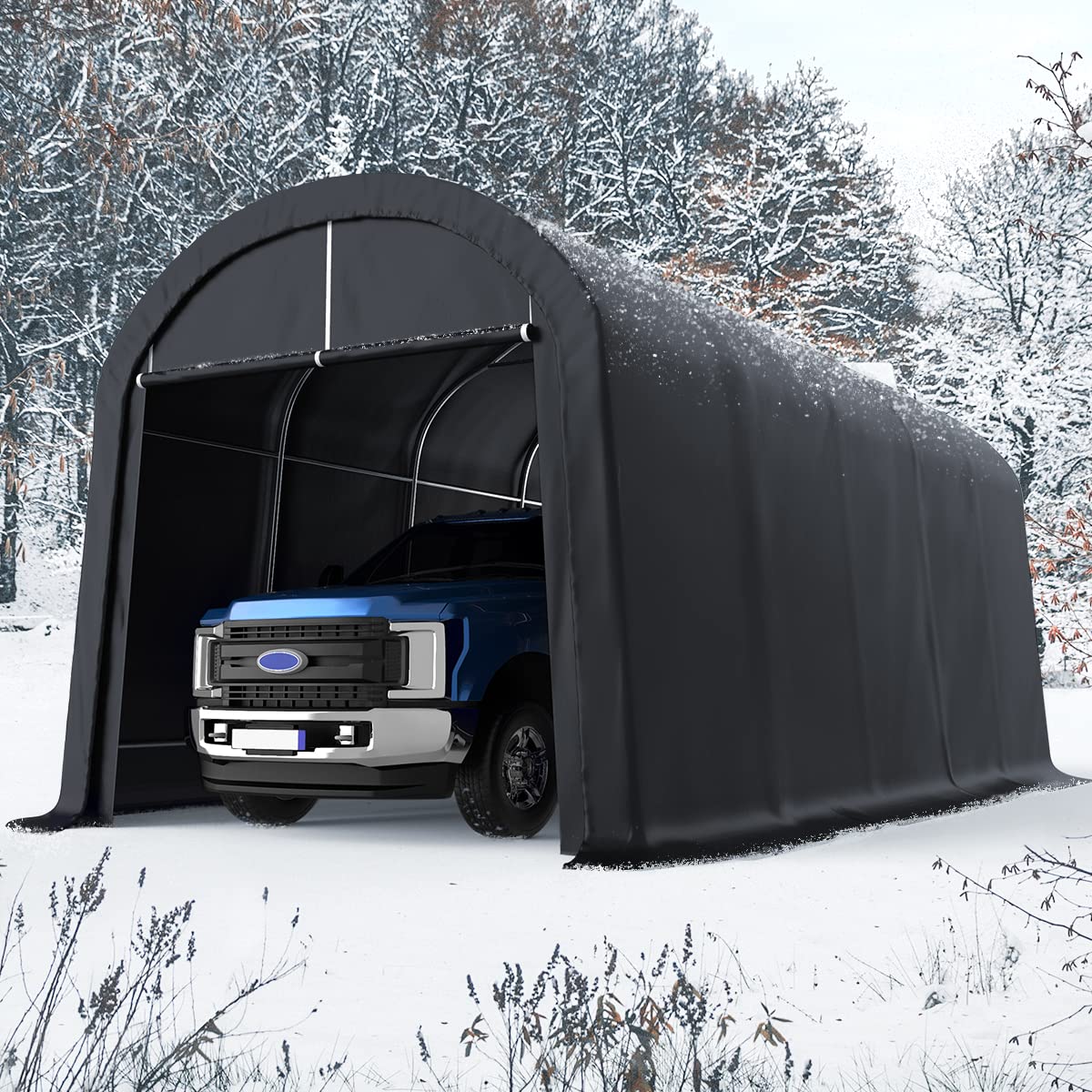 KING BIRD 12' x 20' Heavy Duty Round Style Carport for SUV, Full-Size Truck and Boat, Anti-Snow Car Canopy Outdoor Boat Shelter with Reinforced Ground Bars 12'X20' Dark Gray