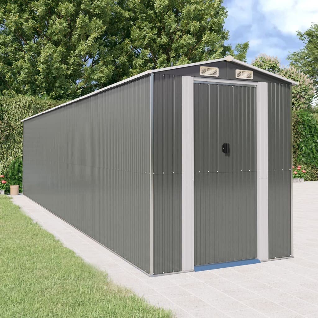 Gecheer Abri de jardin en acier galvanisé, abri de rangement pour outils de jardin avec évent, abri de rangement extérieur, maison de rangement avec porte pour jardin, patio, pelouse – Gris clair 75,6" x 336,6" x 87,8" 75,6 x 336,6 x 87,8