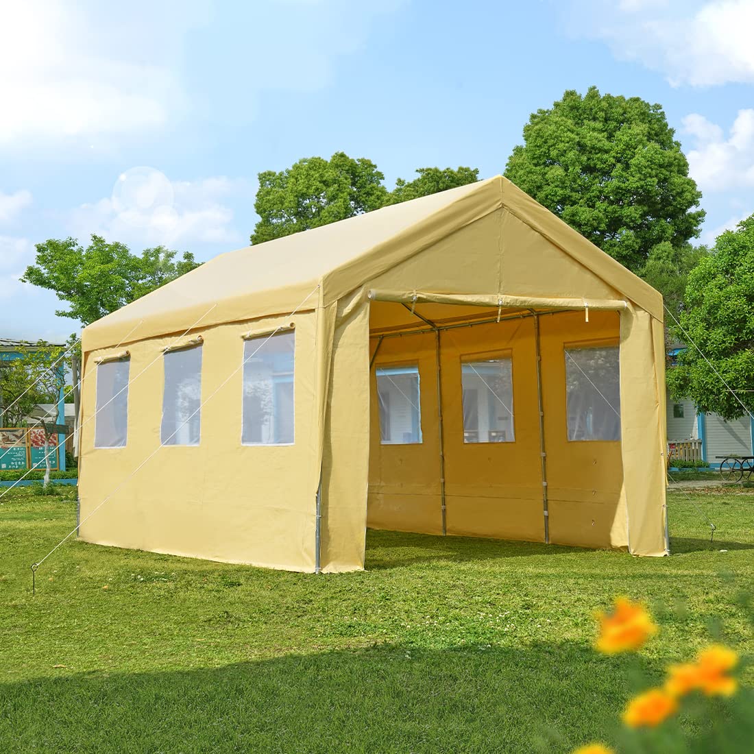ADVANCE OUTDOOR 12x20 ft Heavy Duty Adjustable Carport with 6 Roll-up Ventilated Windows & Removable Sidewalls Car Canopy Garage Boat Shelter Party Tent, Peak Height from 9.5ft to 11ft, Beige Yellow 12'x20'