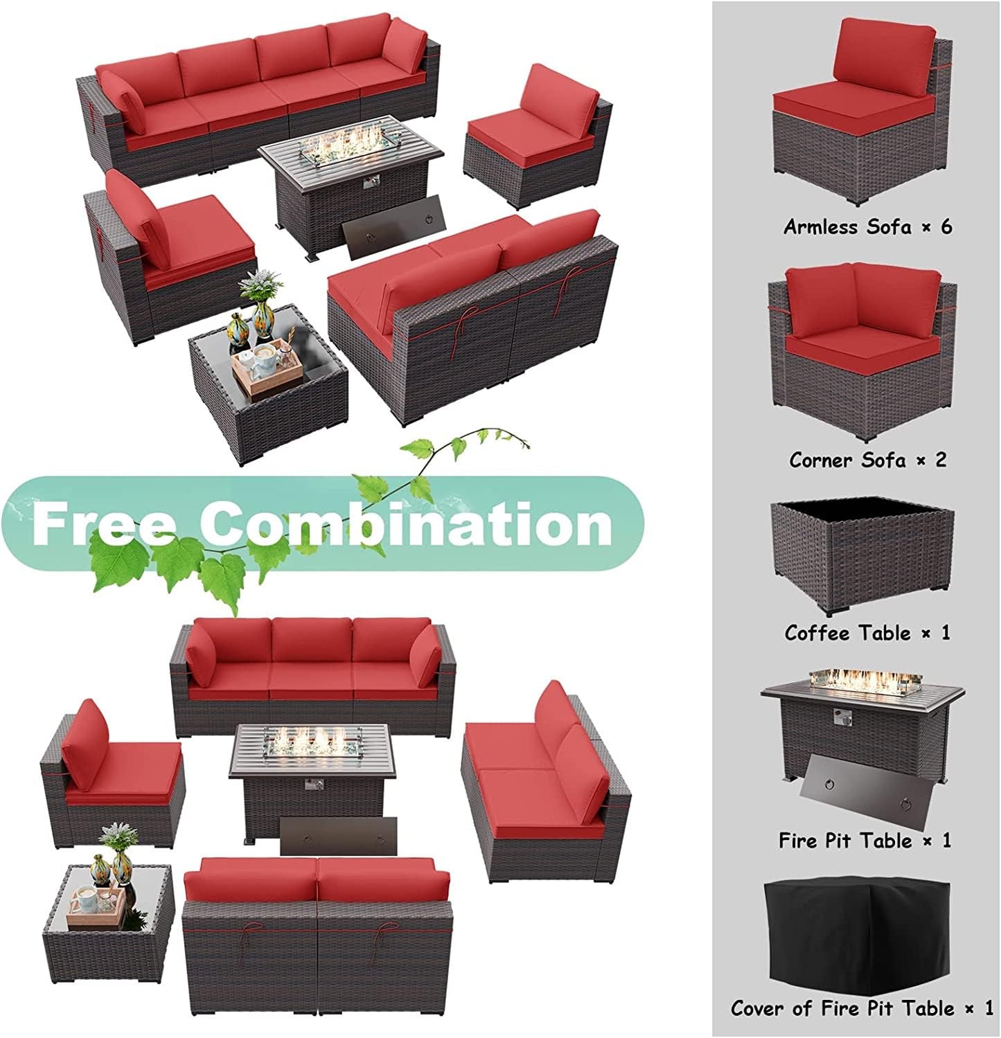 ALAULM 10 Pieces Patio Furniture Set with Propane Fire Pit Table Outdoor Sectional Sofa Sets Patio Furniture
