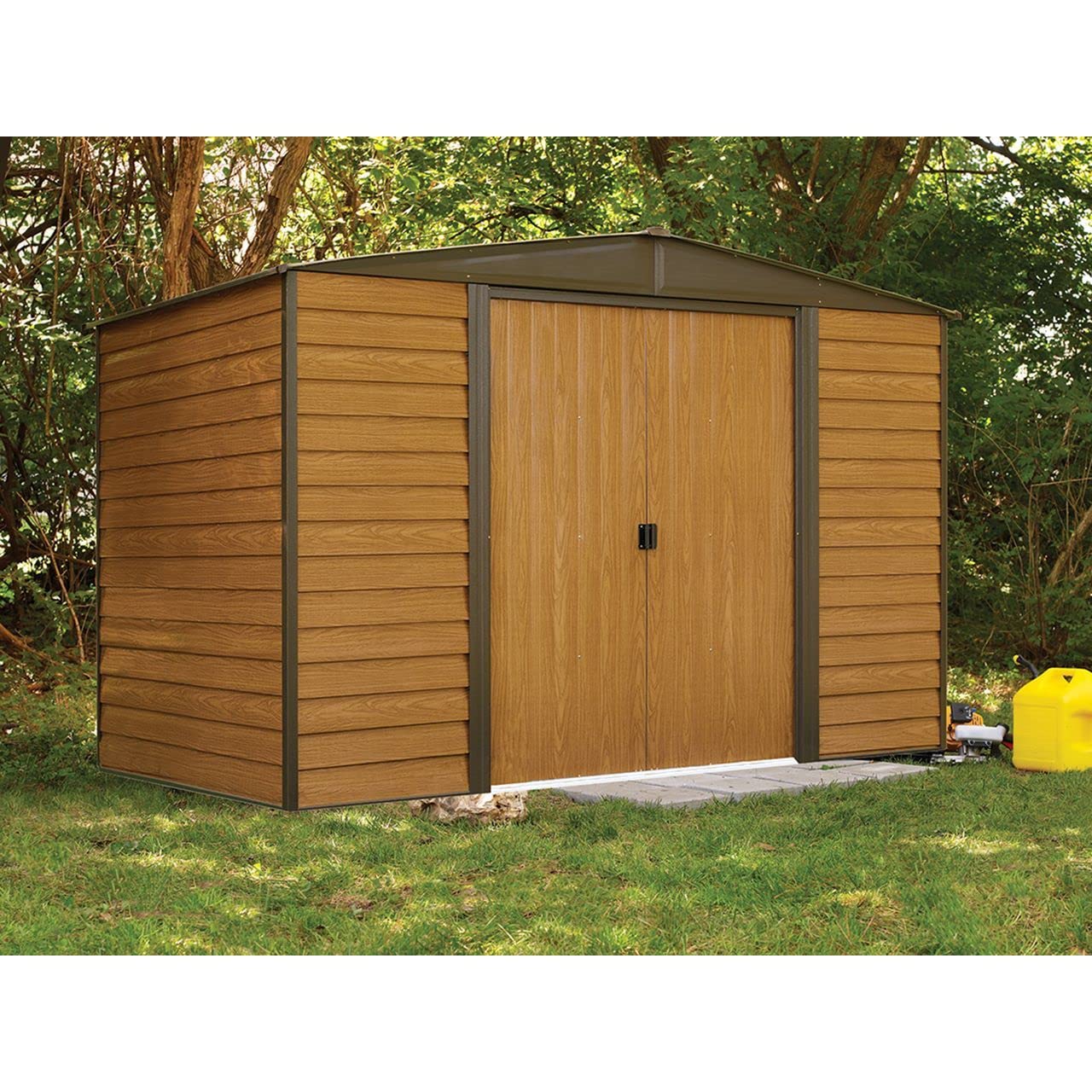 Arrow Shed WR106 Arrow Woodridge Pignon bas en acier, café/grain de bois, 10 x 6 pi, abri de rangement, marron