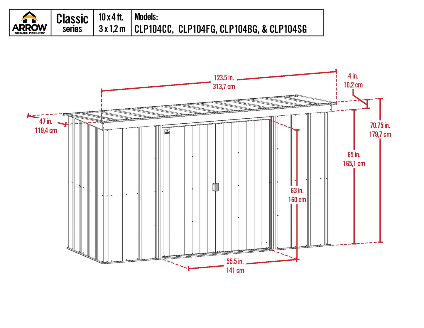 Arrow Shed Classic 10' x 4' Abri de rangement extérieur cadenassable en acier Charbon de bois 10' x 4'