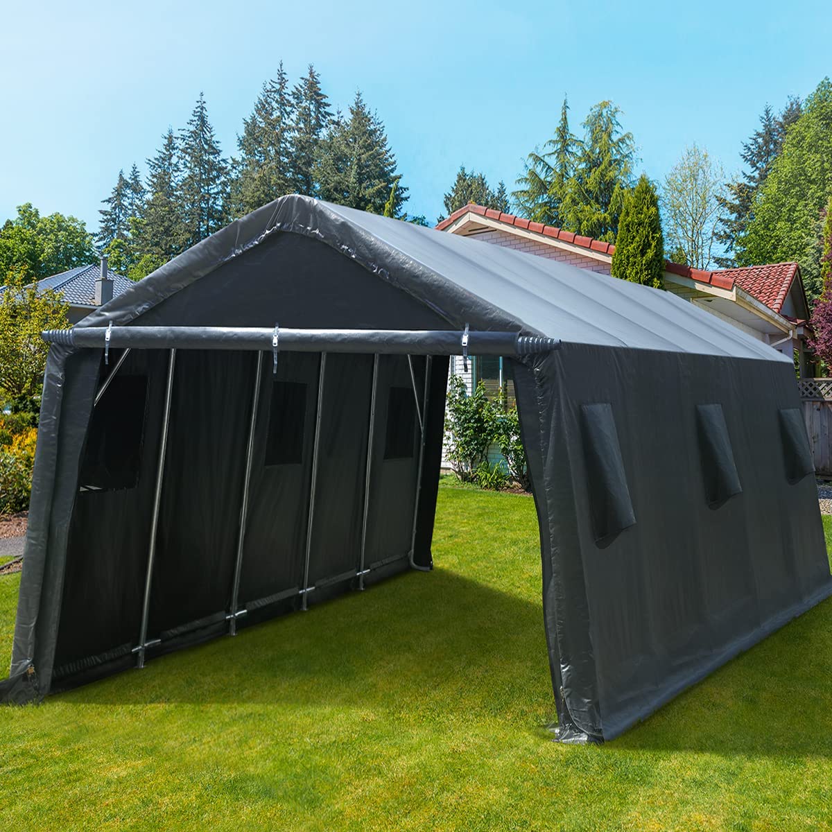 ADVANCE OUTDOOR Tente de garage de 4,3 x 6,1 m avec 2 portes enroulables et aérations, abri de rangement extérieur portable pour véhicule, camion, bateau, anti-UV, résistant à la neige, imperméable, gris (8809DGY) 13' x 20' gris foncé