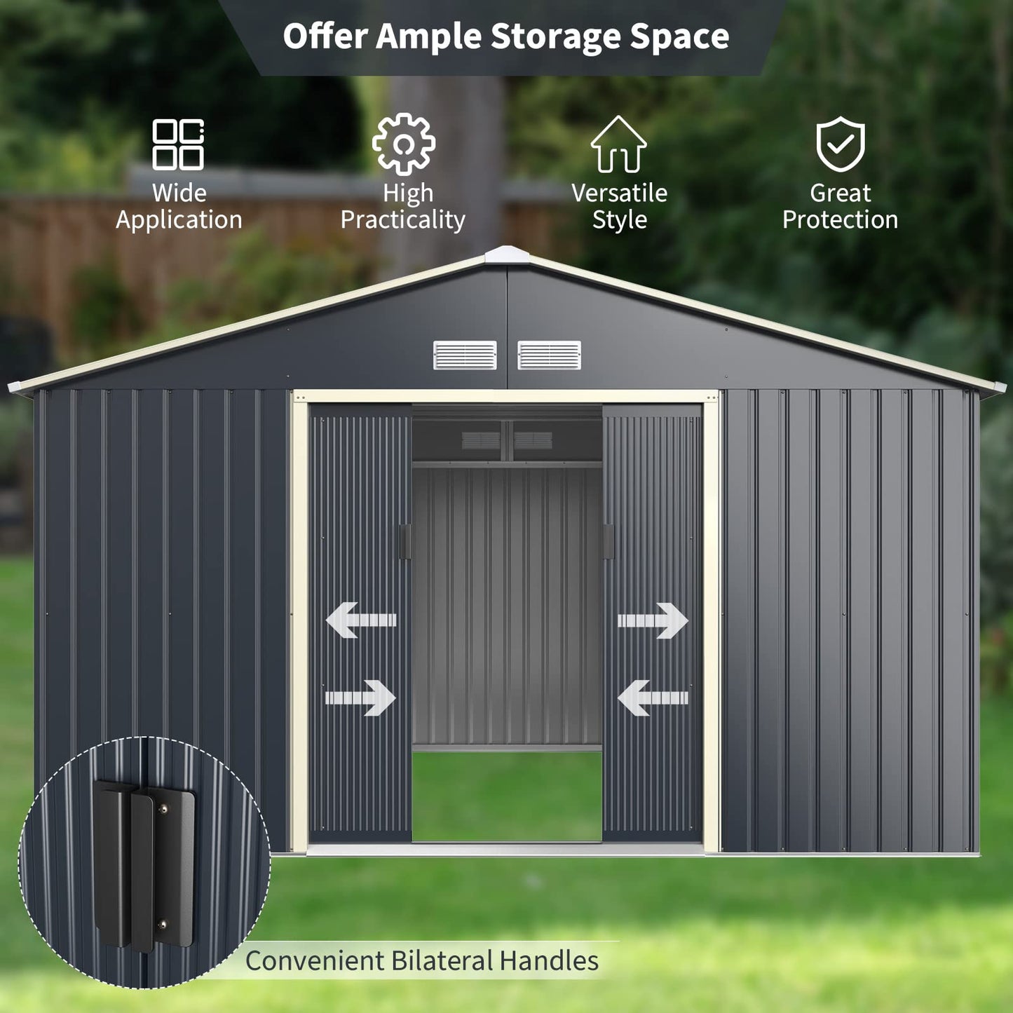 Goplus Abri de rangement en métal 11' X 10' Organisateur de bâtiment extérieur avec 4 aérations et double porte coulissante pour jardin, arrière-cour, ferme (11' X 10') 11' X 10'